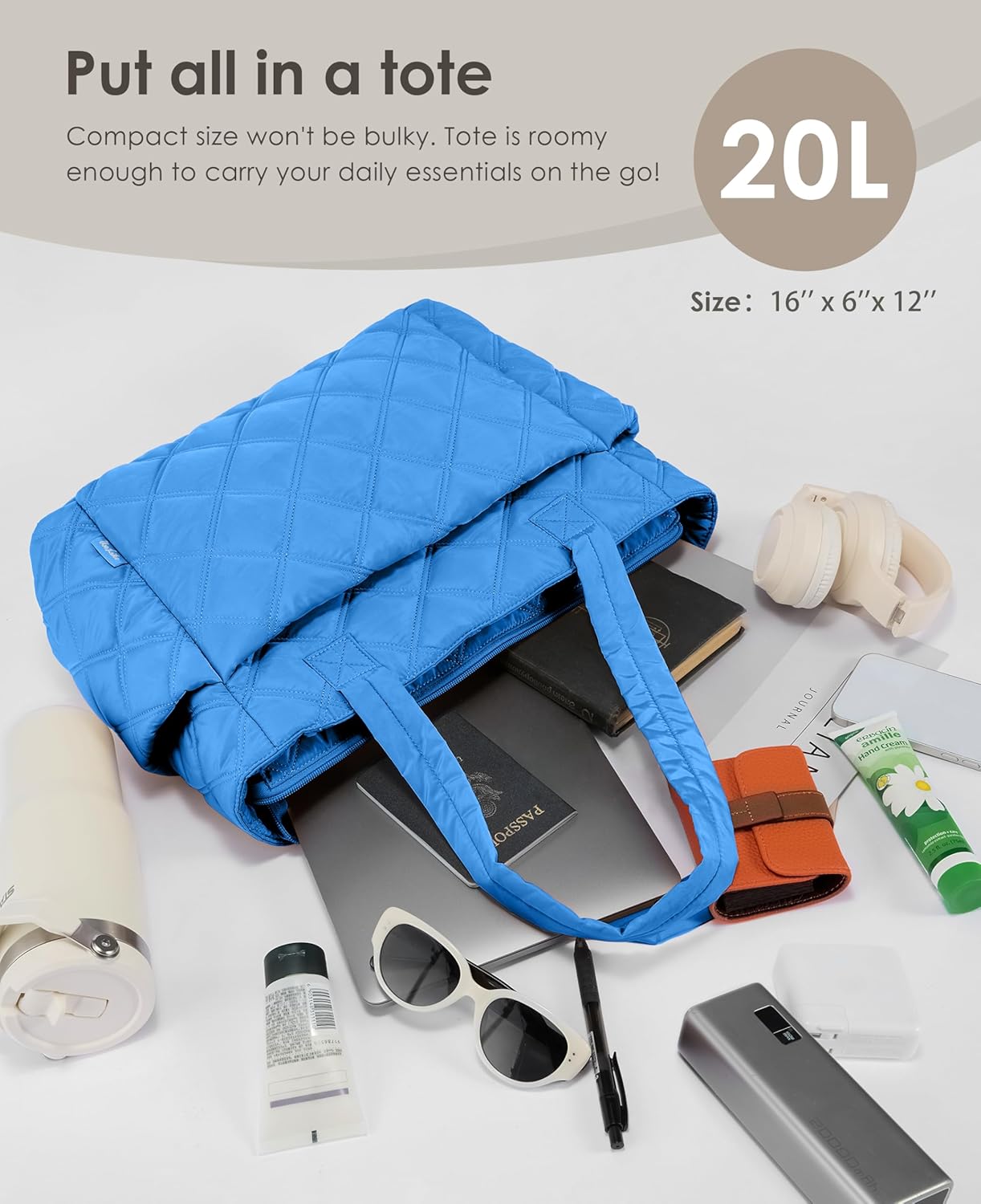 Tote Bag for Women, Lightweight Puffer Tote Work Bags with Compartments for Travel, Quilted Shoulder Bag with Zipper