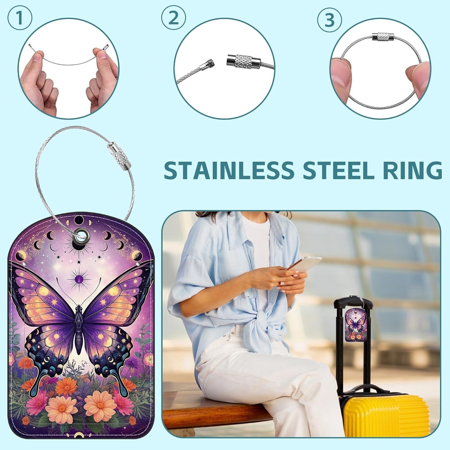 2 Pack Cute Luggage Tag for Suitcases Bright Night Butterflies Leather Luggage Tags with Stainless Steel Loop Privacy Flap Name Tags,Men and Women Travel Bag Suitcase Tags