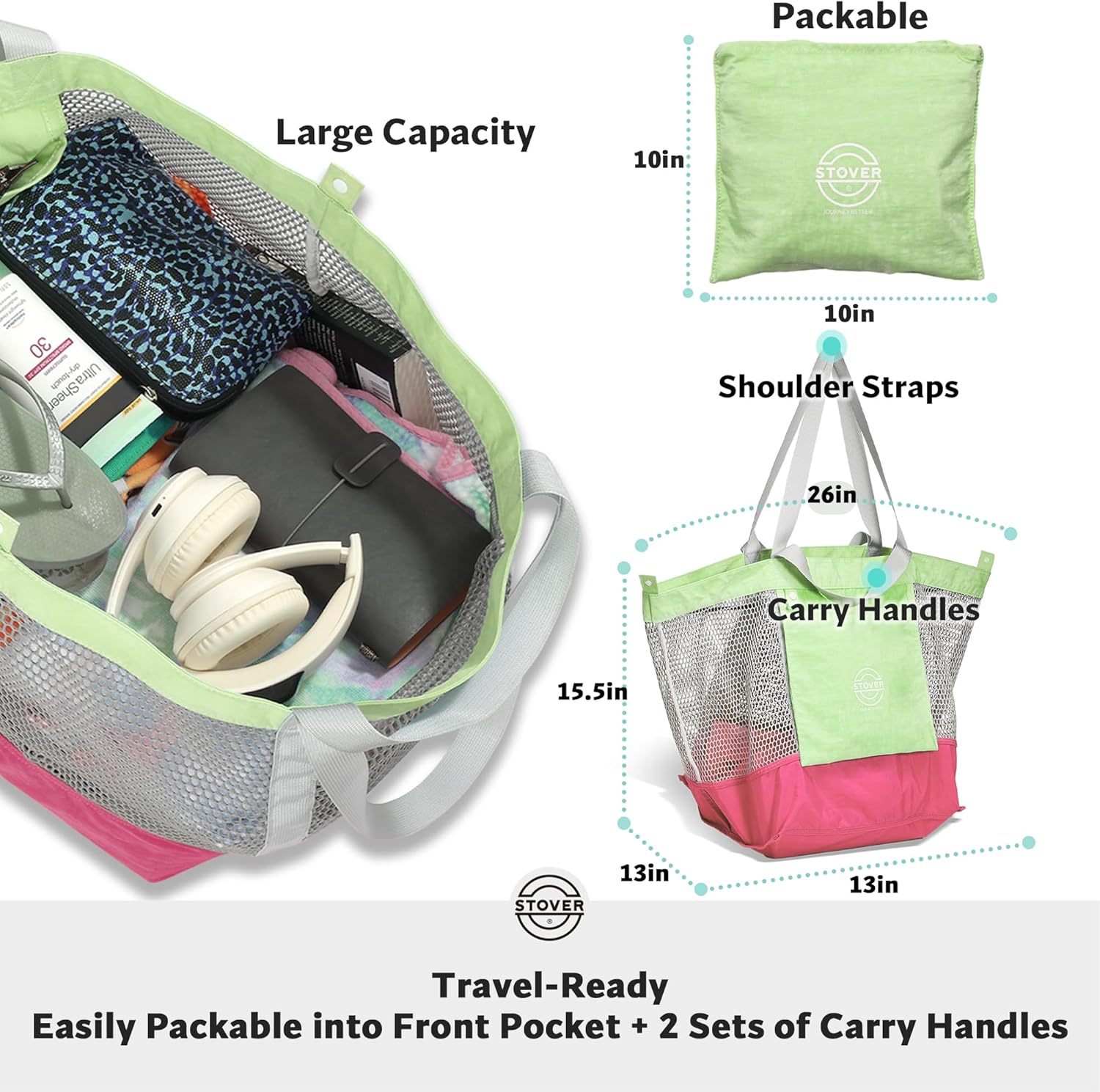 STOVER Large Mesh Beach Bag, Vacation, Pool, Shopping, & Travel Tote - Foldable w/Storage Pockets