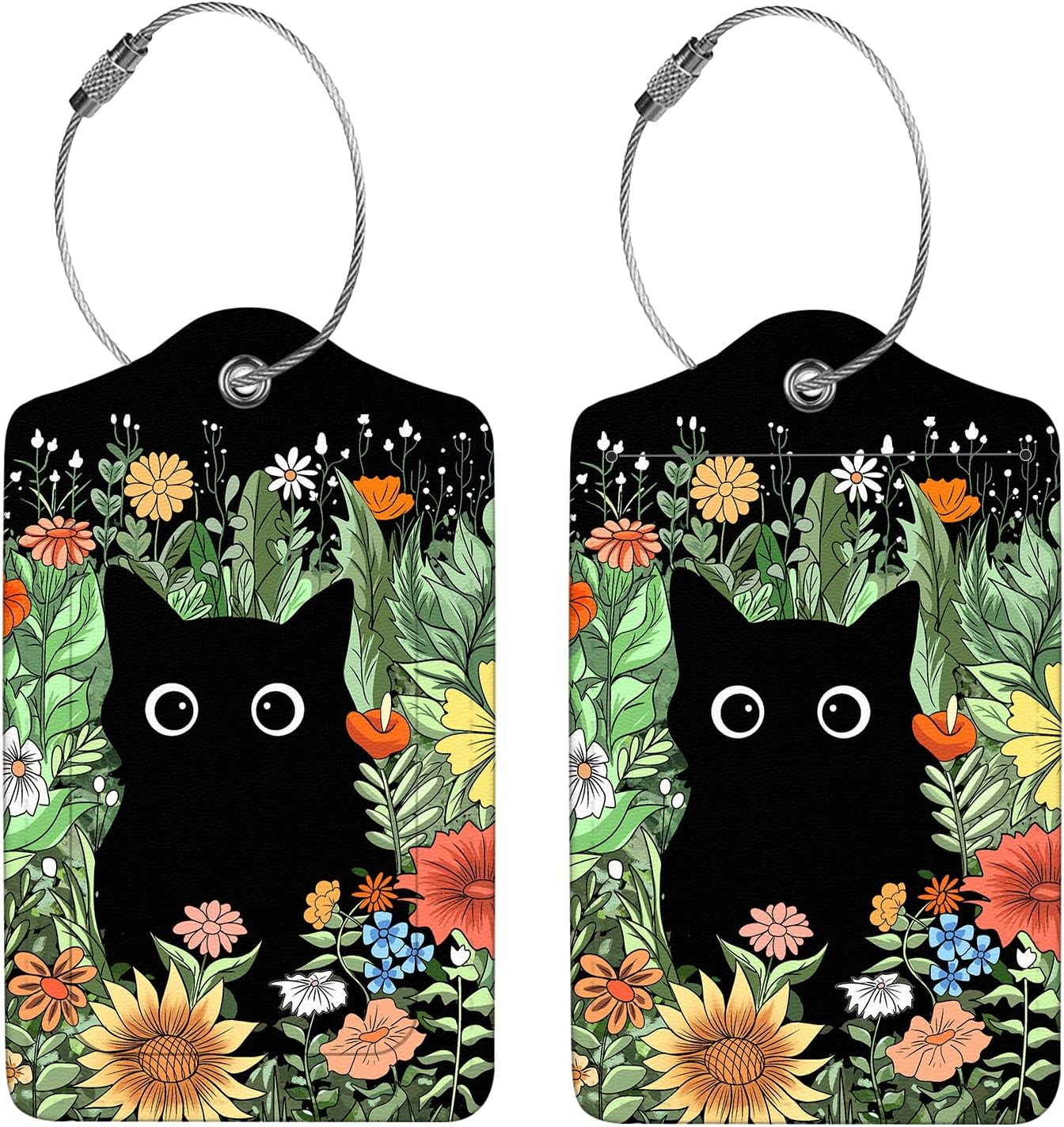 2 Pcs Luggage Tags for Suitcase, Cute Unique PU Leather Travel Bag Tag with Privacy Cover ID Label Address Card and Durable Metal Ring Suitable for Men Women Children Backpack,Cat in The Bush