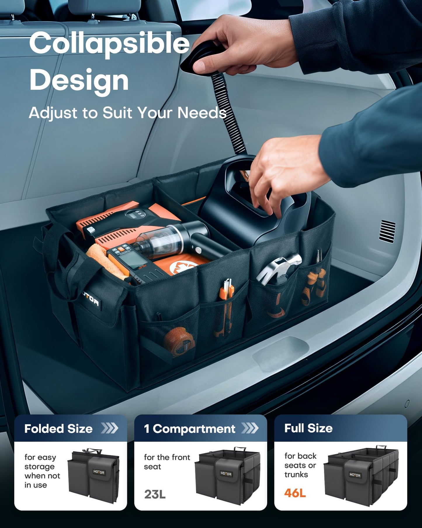 HOTOR Trunk Organizer - Foldable Car Organizer for SUVs & Sedans Storage