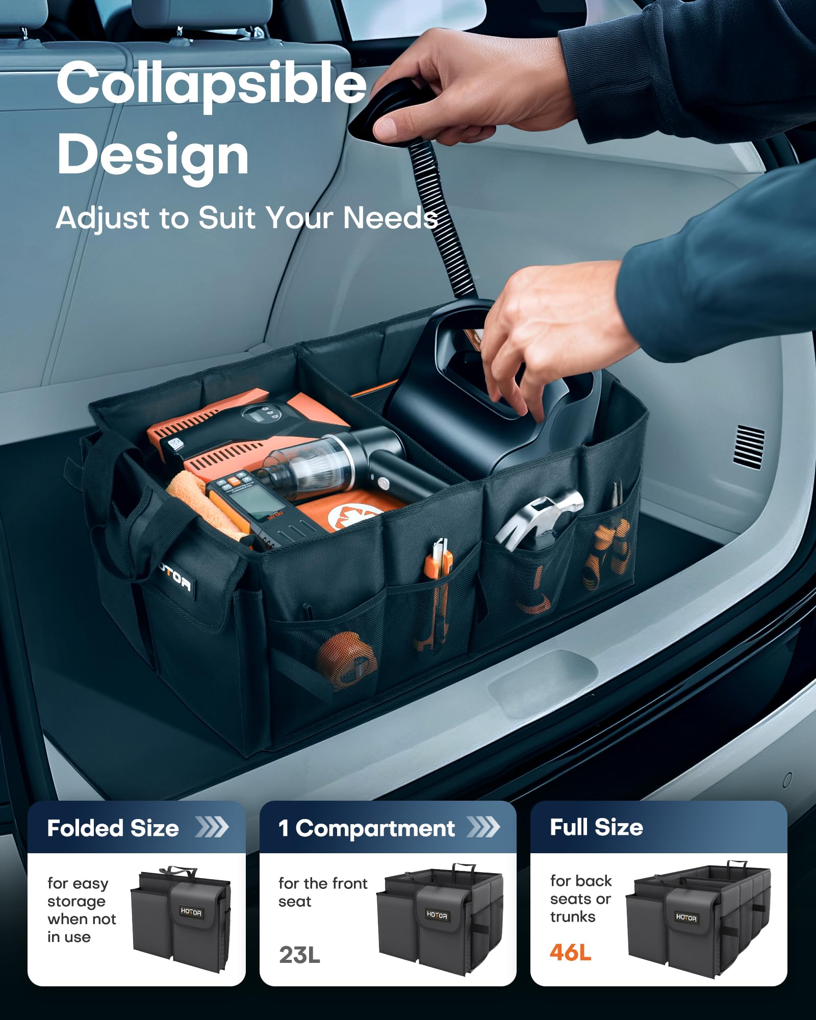 HOTOR Trunk Organizer - Foldable Car Organizer for SUVs & Sedans Storage