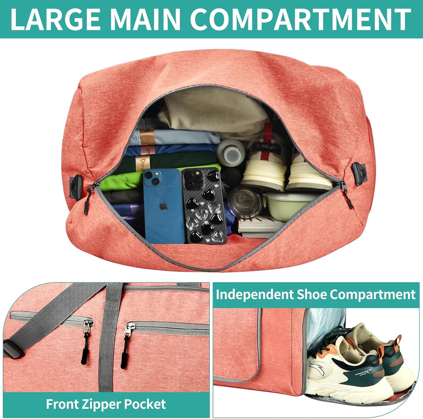 Dimayar 65L Travel Duffle Bag for Men Women - Foldable Duffel Bag with Shoes Compartment - Overnight Bags Waterproof & Tear Resistant(Orange)
