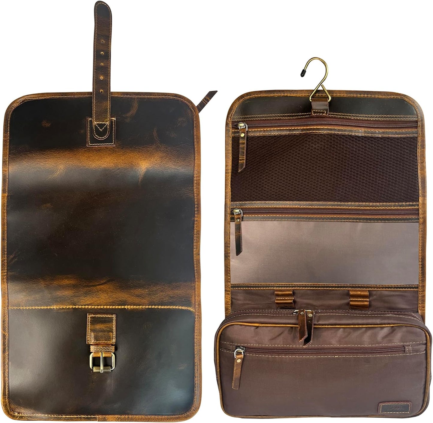 RUSTIC TOWN Leather Hanging Toiletry Bag for Men - Travel Shaving Dopp Kit - Bathroom Shower Toiletries Organizer - Leather Cosmetic Makeup Bag for Women