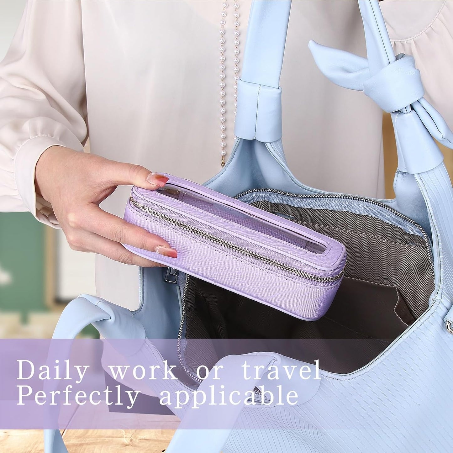 Clear Travel Makeup Bag with Brush Case Portable Transparent Cosmetic Bag and Toiletry Bag Waterproof Makeup Organizer with Zipper Car Essential for Women (Purple, M+Slim)