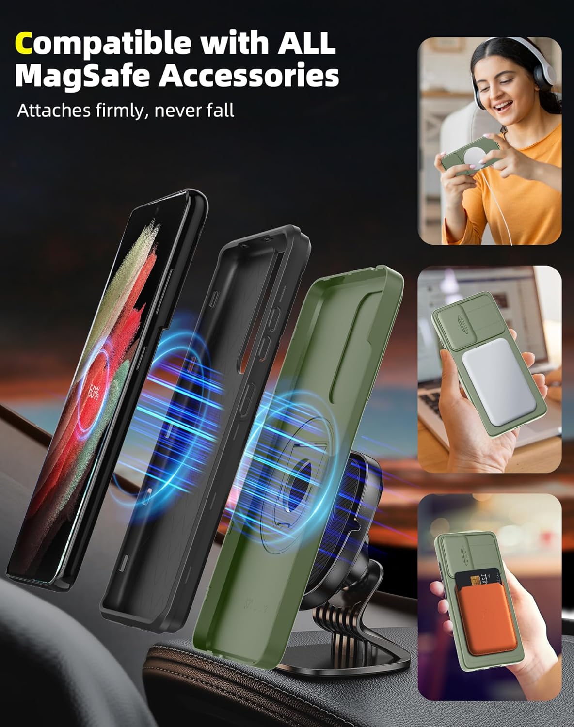 for Samsung Galaxy S21 Ultra Case Magnetic Compatible with MagSafe Wireless Charging,with Screen Protector,Built-in Stand Ring+Camera Cover Anti-Scratch Shockproof Heavy Duty Protection Green