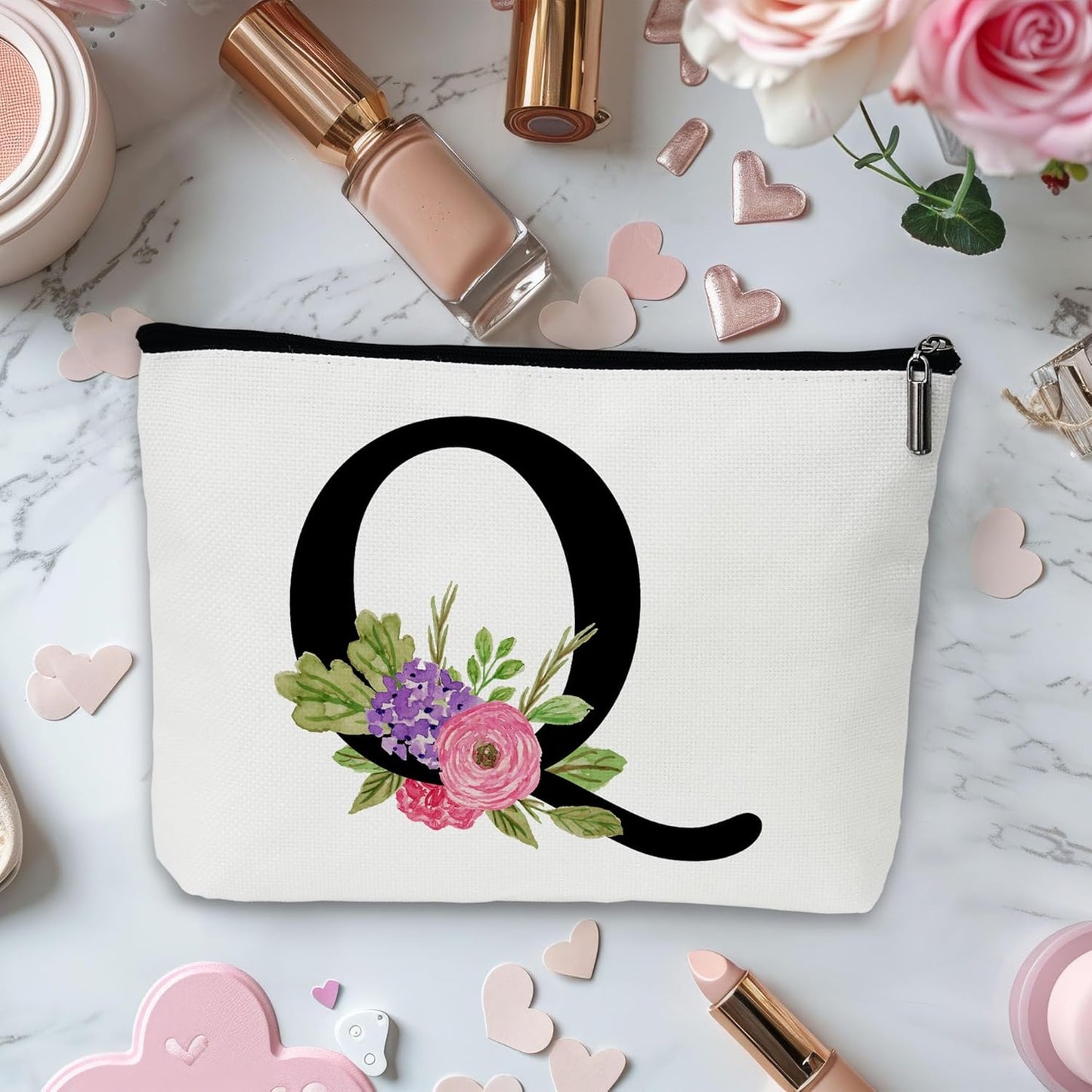 Personalized Letter Q Makeup Bag for Women, Birthday Gifts for Mom, Small Zipper Pouch for Purse, Christmas Bridesmaid Friendship Gifts for Sister Daughter, Girls Weekend Gifts for Women-A17