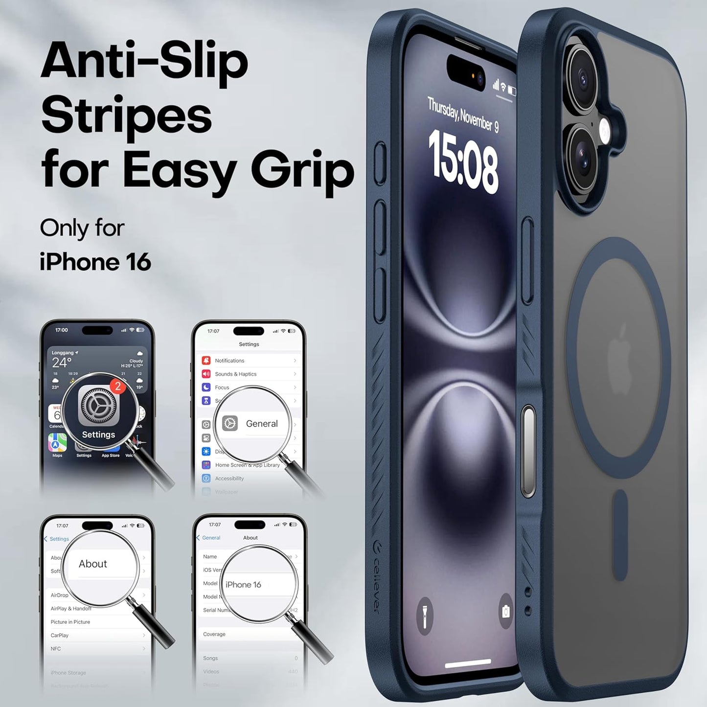 CellEver Strong Magnetic for iPhone 16 Case with Camera Control Capture Button [Camera Protection] [Military Drop Protection] [Compatible with MagSafe] Slim Translucent Matte Cover, Navy Blue