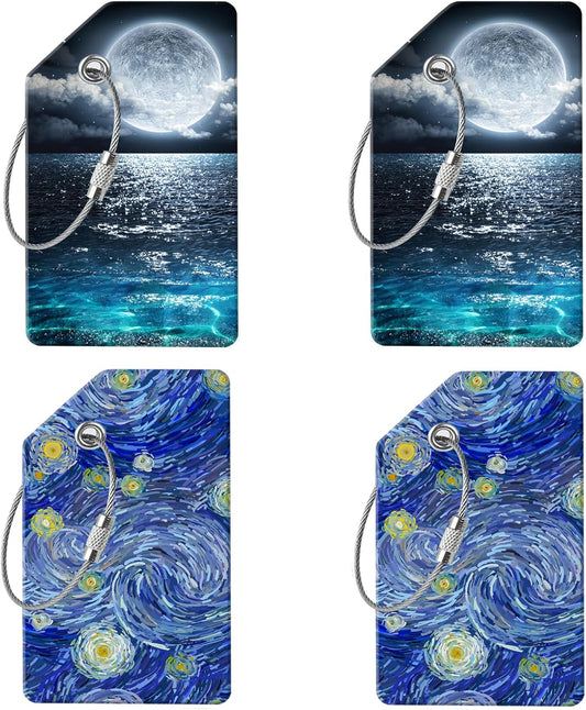 4 Luggage Tags, (1" Smaller Than Traditional) Perfect for Quick Luggage Identification with Stainless Steel Ring and Address Card for Travel and Luggage (Starry Sky + Blue Moon)