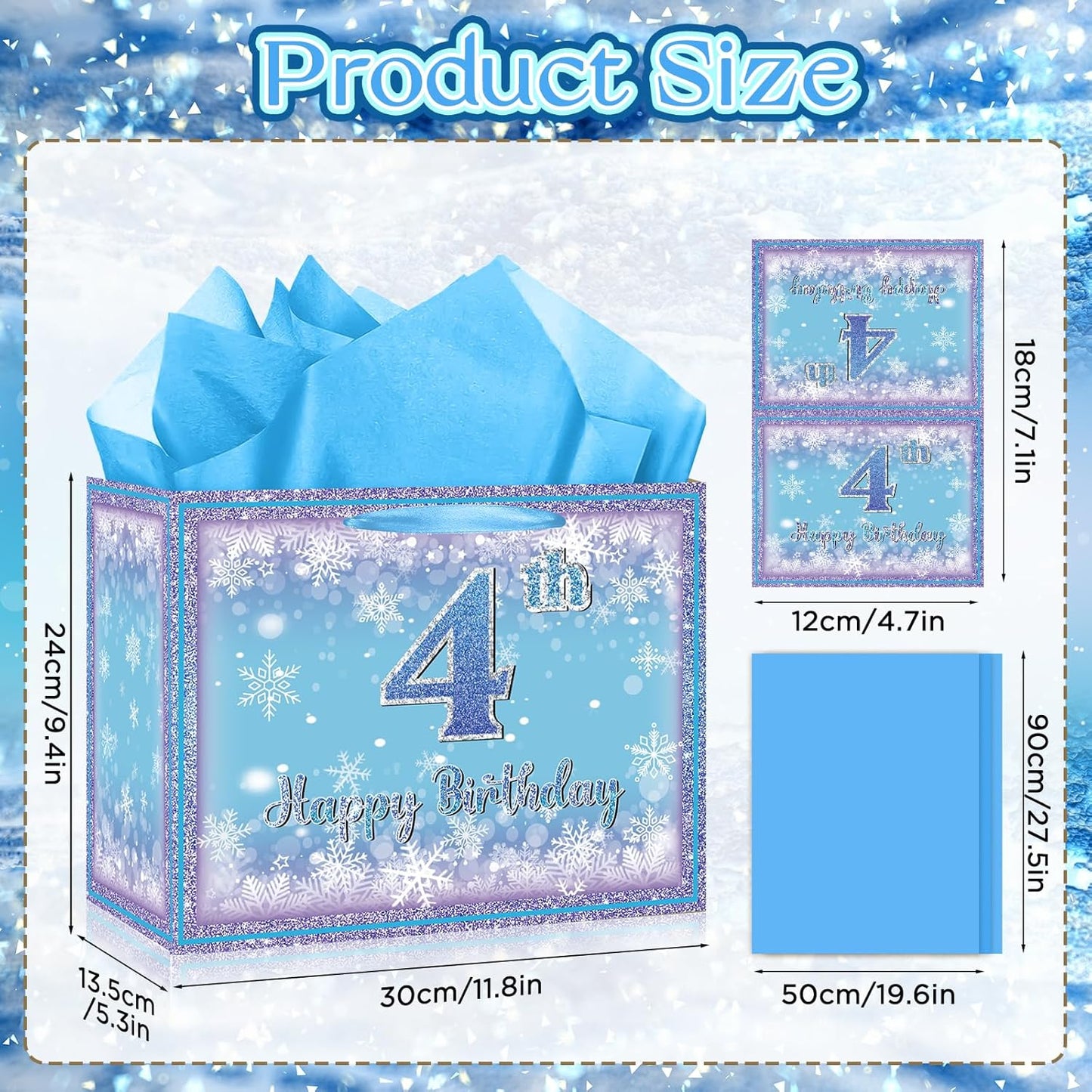 Frozen 4th Birthday Gift Bag for Girls, Large Purple Blue Snowflake Four Birthday Bags with Tissue Paper and Greeting Card Snow Frozen 4 Years Old Party Favor Bags for Girls 4th Bday Christmas Gift