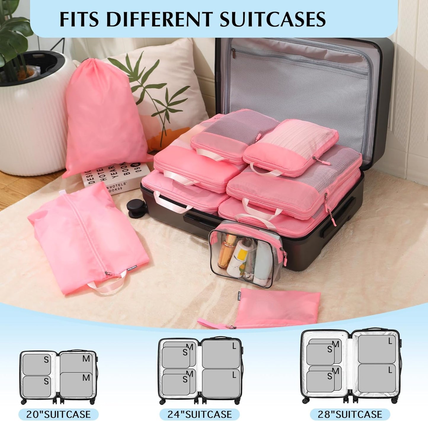 Lightweight Compression Packing Cubes for Suitcases, Compressible Expandable Travel Packing Organizer with Clear Toiletries and Backpack Bag, Travel Essentials for Carry on Luggage 7 Set
