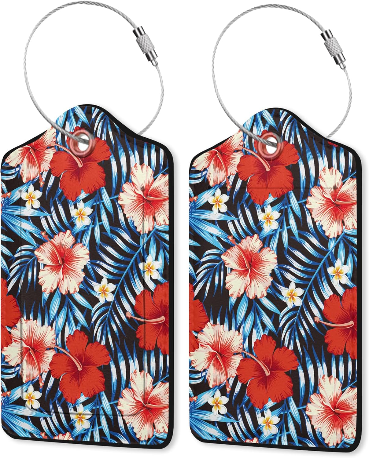 Hawaii Hibiscus Flower Luggage Tags Set of 2 Leather Luggage Tags Privacy Cover Suitcase Label with Stainless Steel Loop for Women/Men Travel,Tropical Palm Leaves