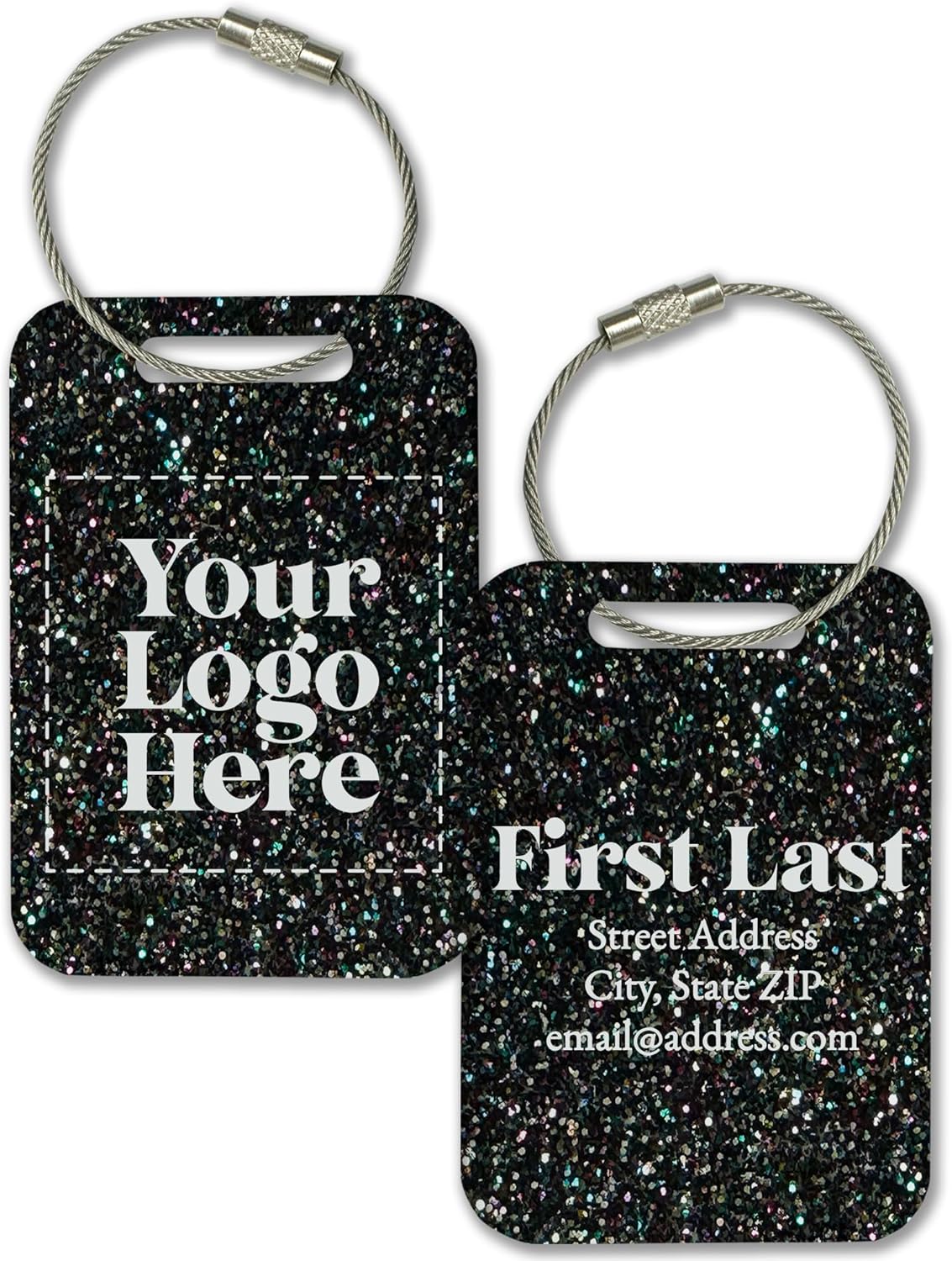 Personalized Logo Name Tag for Luggage (3 or 6 Count Pack) | Custom Tag for Suitcase | Acrylic Name Tag for Travel | Choose Your Font & Color | Backpack ID Label (Logo, Galaxy Glitter)