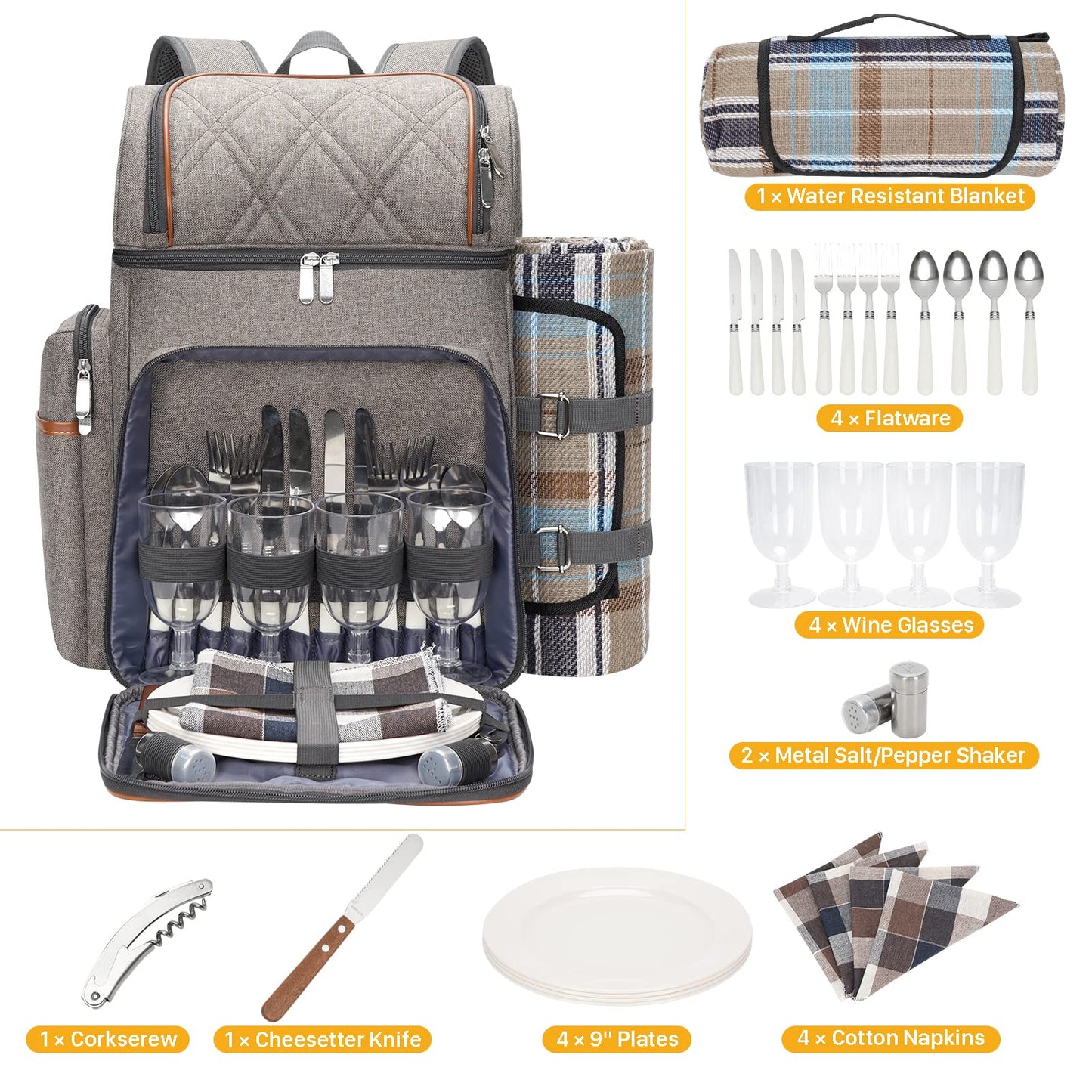 Picnic Backpack for 4, Insulated Cooler Bag with Blanket, BrushedKhaki