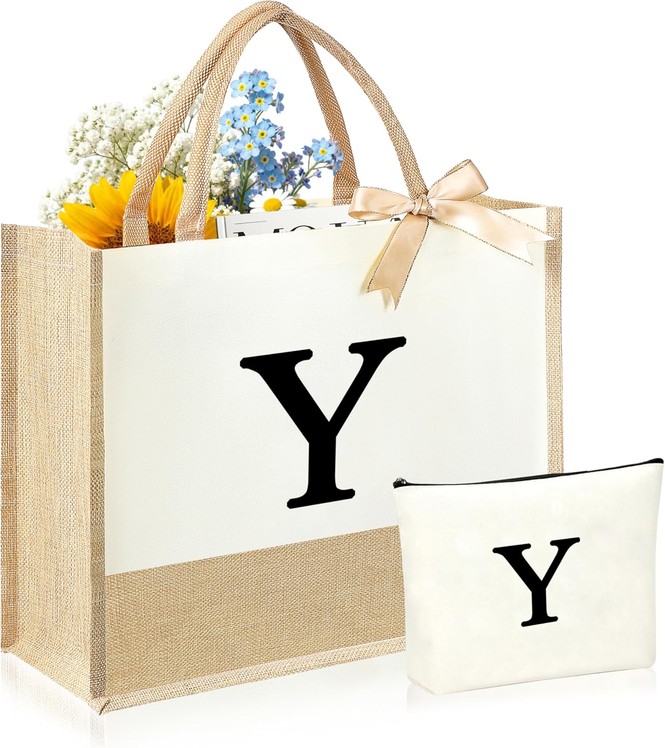 Initial Canvas Tote Bag & Makeup Bag for Women Teacher Bridesmaids，Personalized Present for Wedding, Birthday, Beach