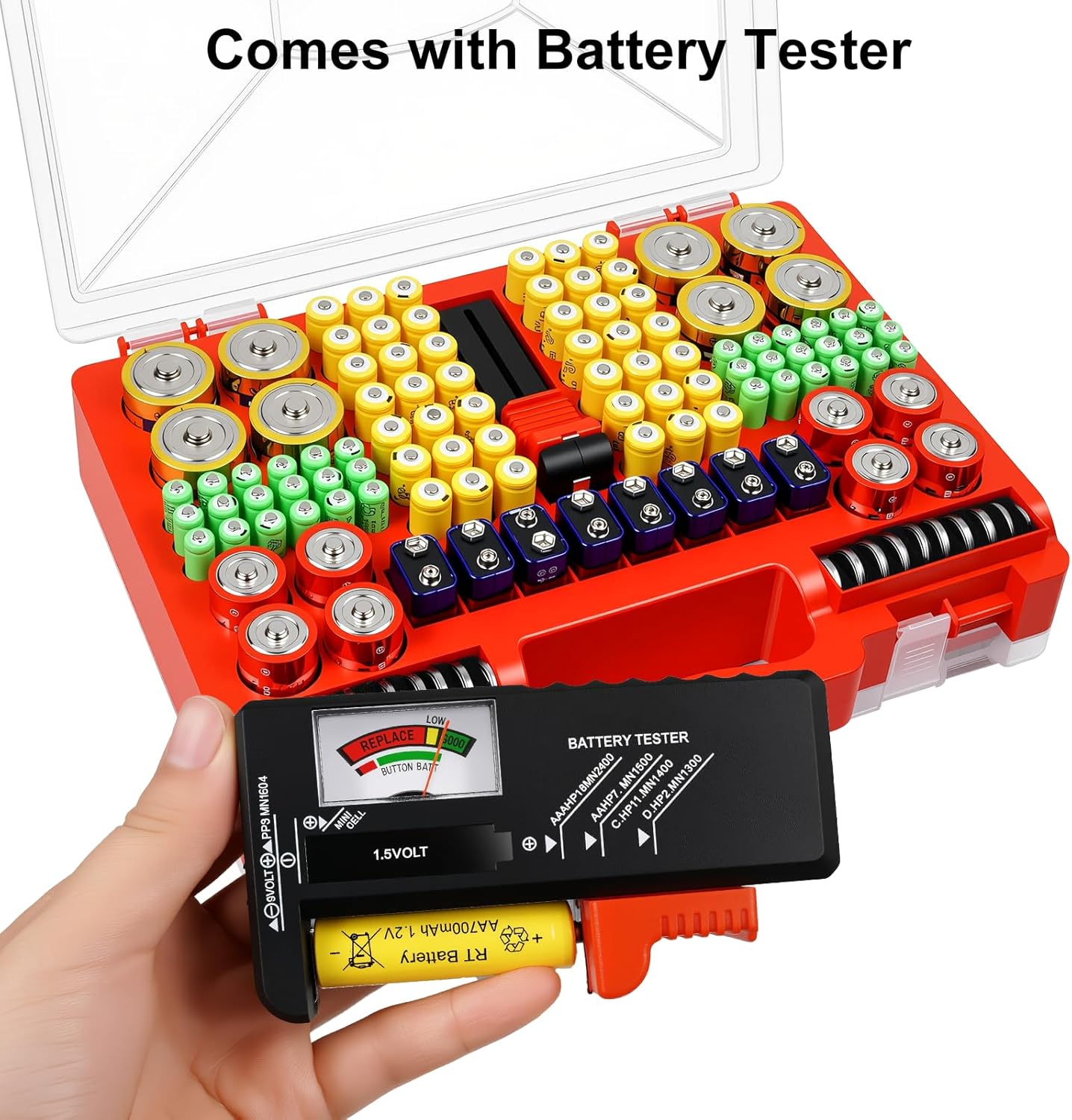 Battery Organizer Storage Case with Tester, Stores 185+ Batteries, Double-Sided with Clear Locking Lid - Black