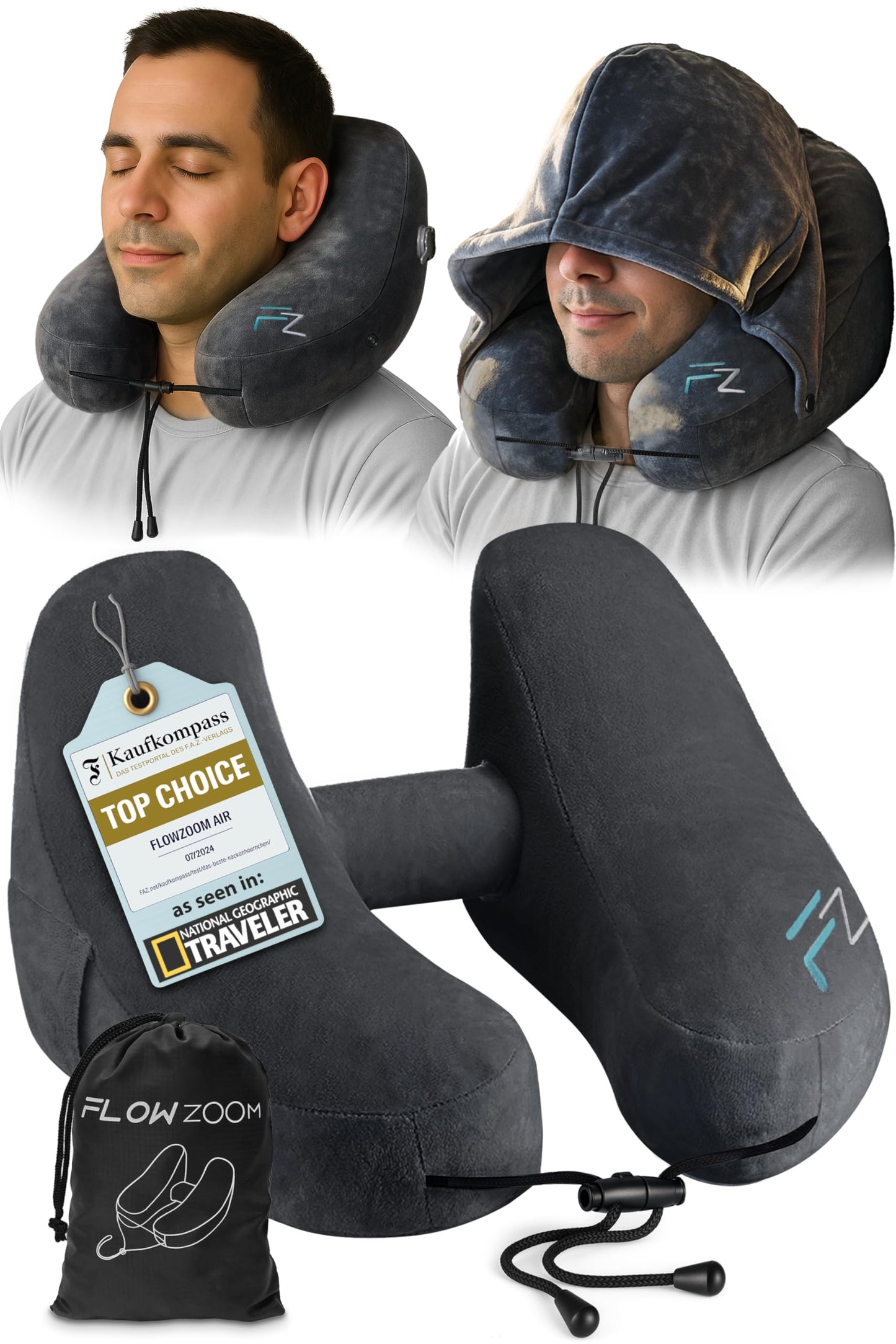 FLOWZOOM Air Inflatable Neck Pillow for Traveling on Plane - H-Shape Hooded Airplane Pillow with 5