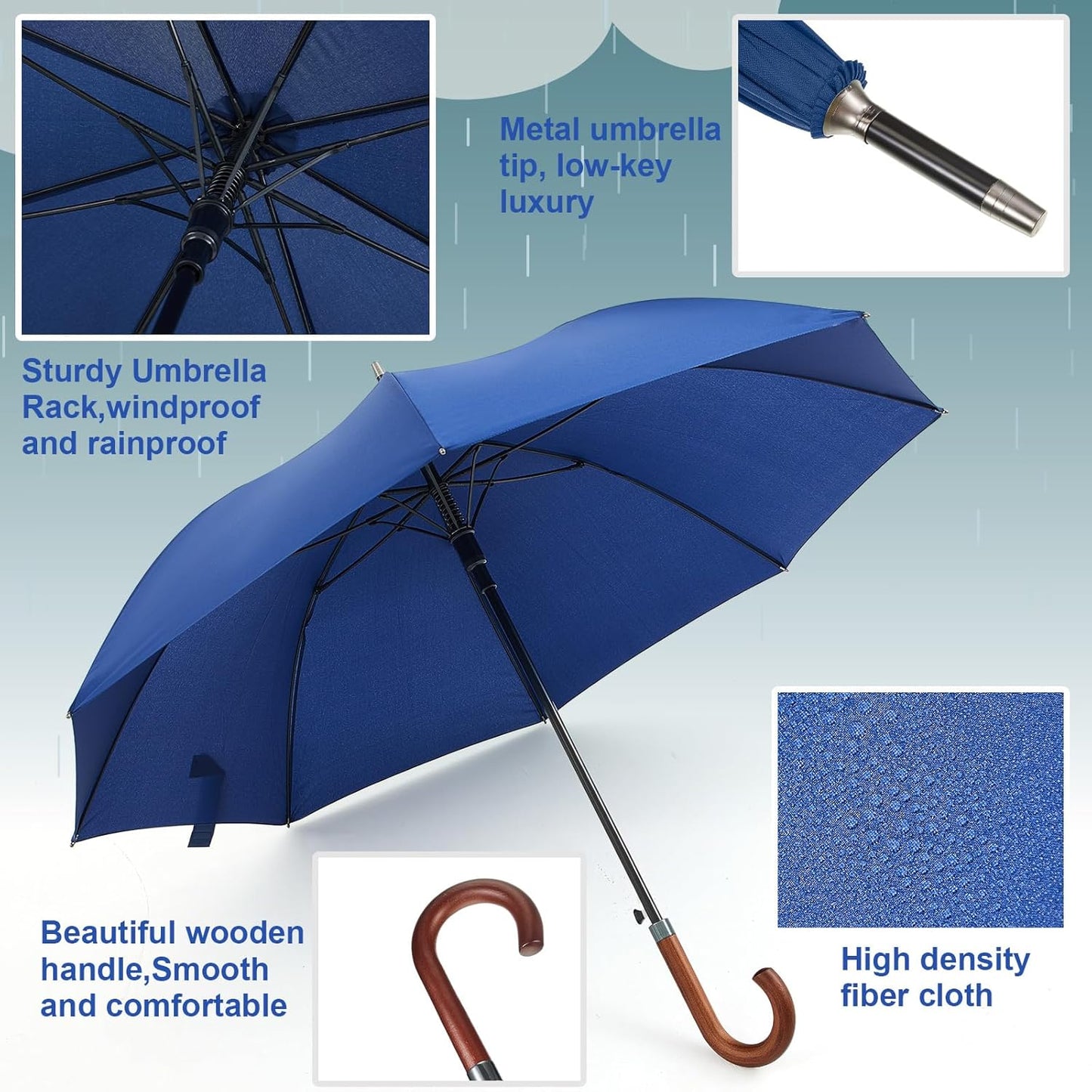 Silkfly 48 Inch Auto Open Umbrella Wooden J Stick Vintage Handle Windproof Unbreakable Wedding Fast