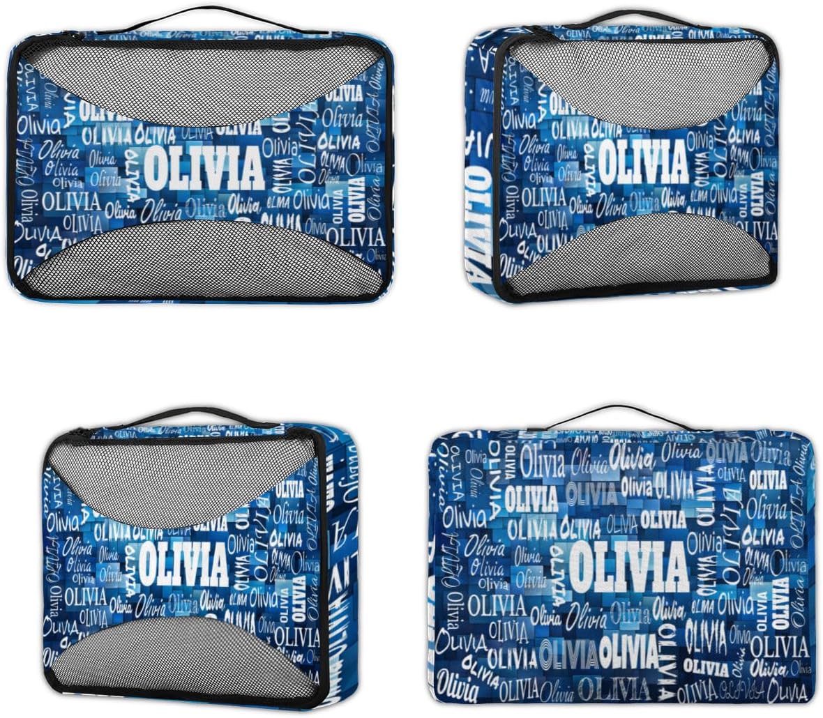 Custom 4 Set Packing Cubes for Travel, Personalized Mesh Travel Luggage Packing Organizers for Women Men, Watercolor Blue Geometric Pattern for Men Boys