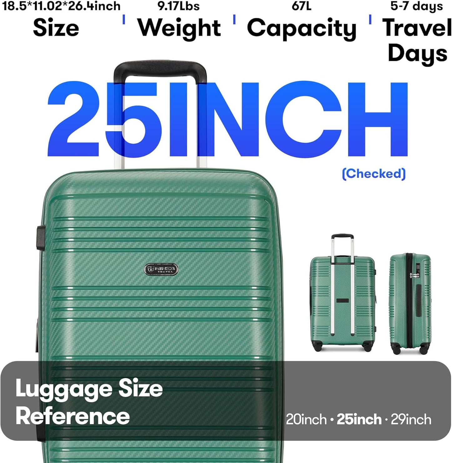 GinzaTravel 25 Inch Medium Checked Luggage Lightweight Suitcase with Spinner Wheels TSA Lock, Green