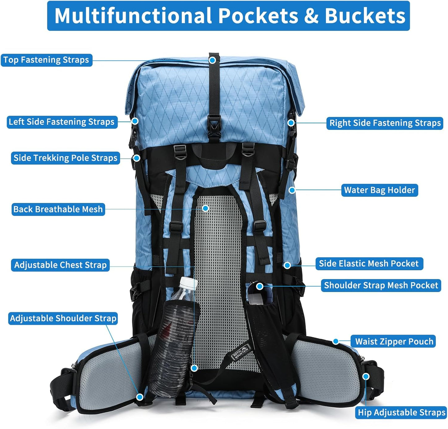 Hiking Backpack,30L +10L Extra Large Capacity Hiking Bag,Internal Frame Camping Backpack,Upgraded X-PAC Lightweight Sport Daypack Travel Backpacks Fit For Mountain Climbing Camping (Blue)