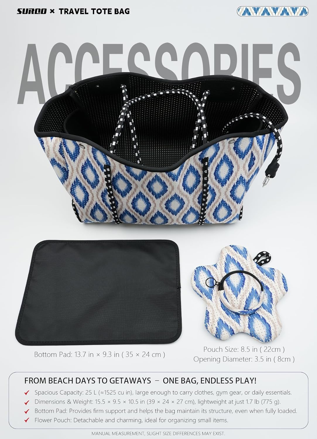 Neoprene Beach Bag for Women, Large Travel Tote Gym & Pool Bag, Detachable Pouch