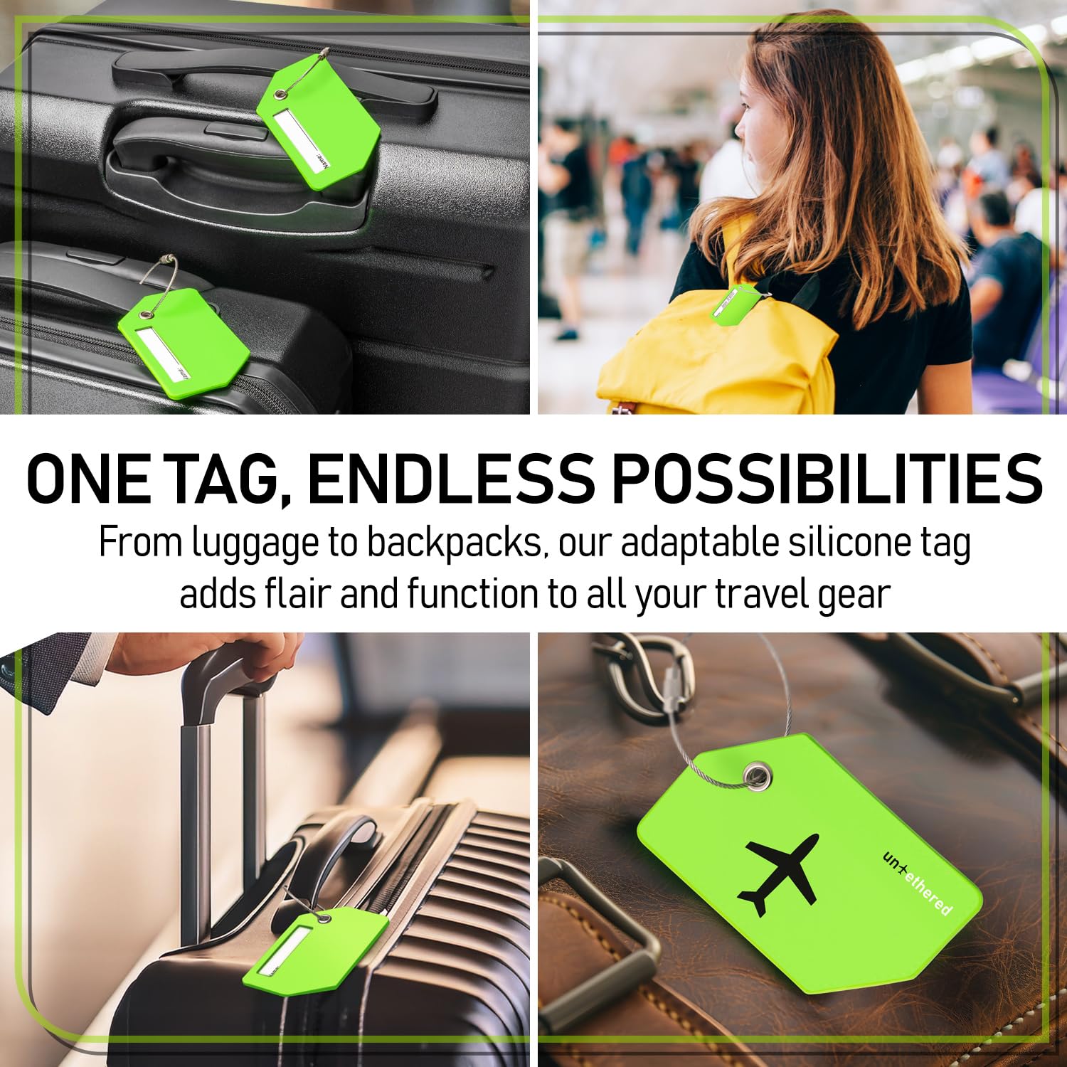 Untethered 4-Pack Luggage Tag Set | Durable Luggage Tags for Suitcases & Travel Bags | Bag Tag &