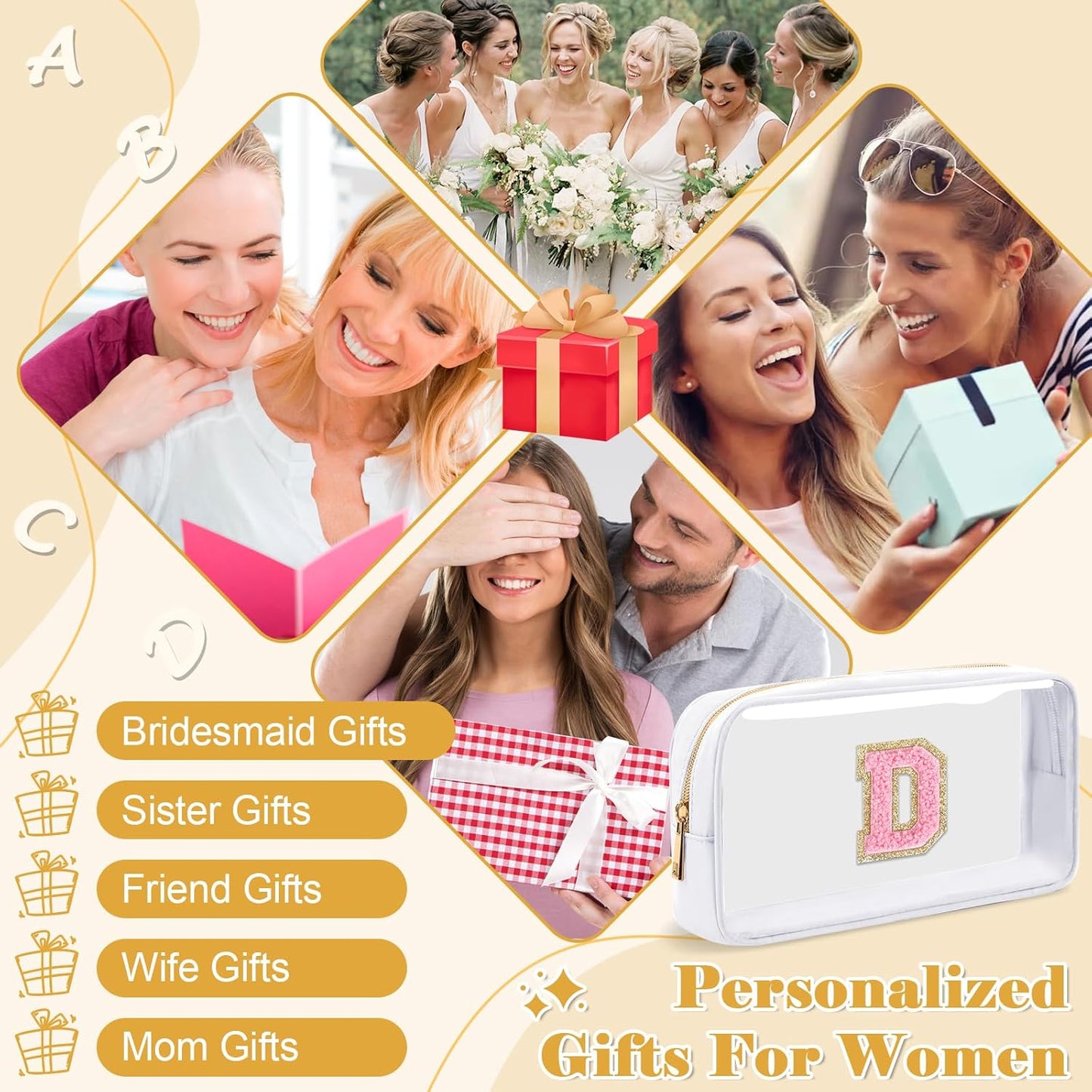 Personalized Initial Letter Clear Makeup Bag,Preppy Small Nylon&PVC Cosmetic Zipper Bag with Chenille Letter,Travel Skincare Toiletry Bag,Monogram Christmas Gift for Teen Girls Women,D