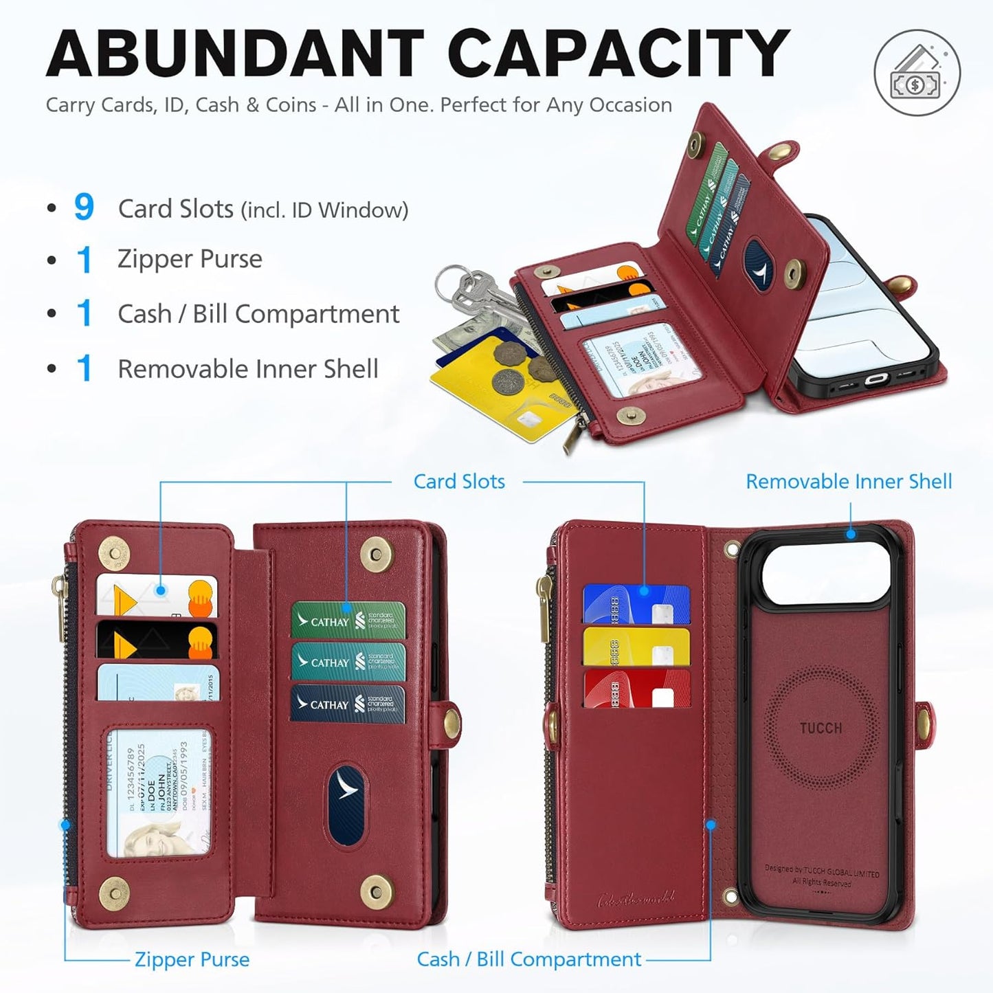 TUCCH Detachable Crossbody Case Wallet for iPhone Air 6.5", Wireless Charging | RFID Blocking 9 Card Holders | Lanyard | Wrist Strap | Stand | Zipper Pocket | PU Leather | Magnetic Cover | Dark Red