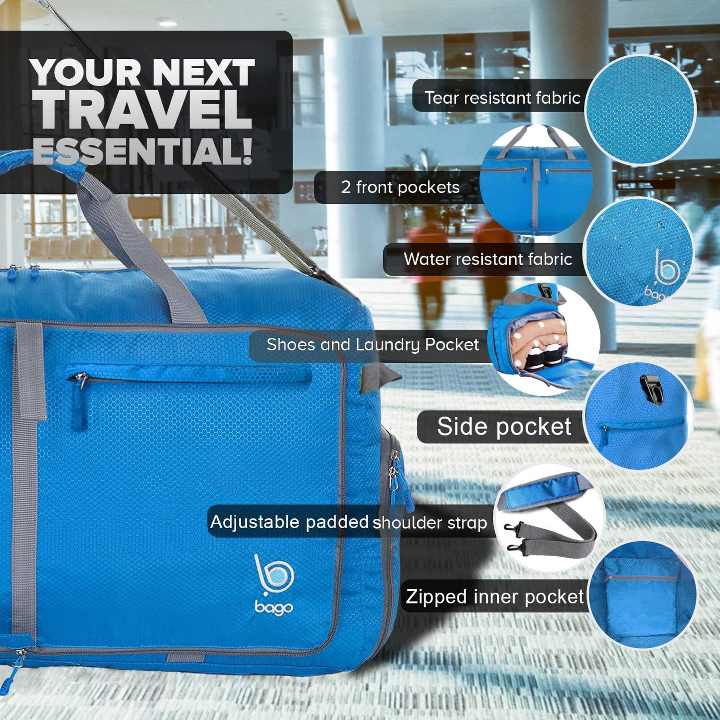 Bago Big XXL Foldable Duffel Bags for Traveling Women & Men - 140L Packable Duffle Bag for Travel with Shoe Compartment - Water Repellant, Heavy Duty, Lightweight Folding & Collapsible (Blue)