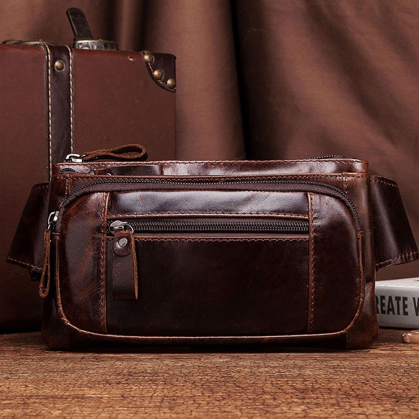 Mens Genuine Leather Waist Pack Fanny Pack Multi Pocket Crossbody Bag Adjustable Strap for Travel Outdoor (Coffee)