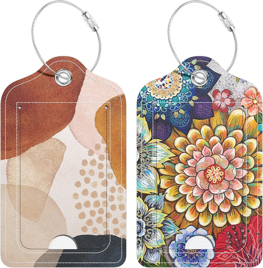 2 Pack PU Leather Luggage Tags for Suitcase, Travel Cruise Luggage Tag with Privacy Flap, Name ID Label and Metal Loop for Women Men Baggage Handbag School Bag Backpack, Modern Art