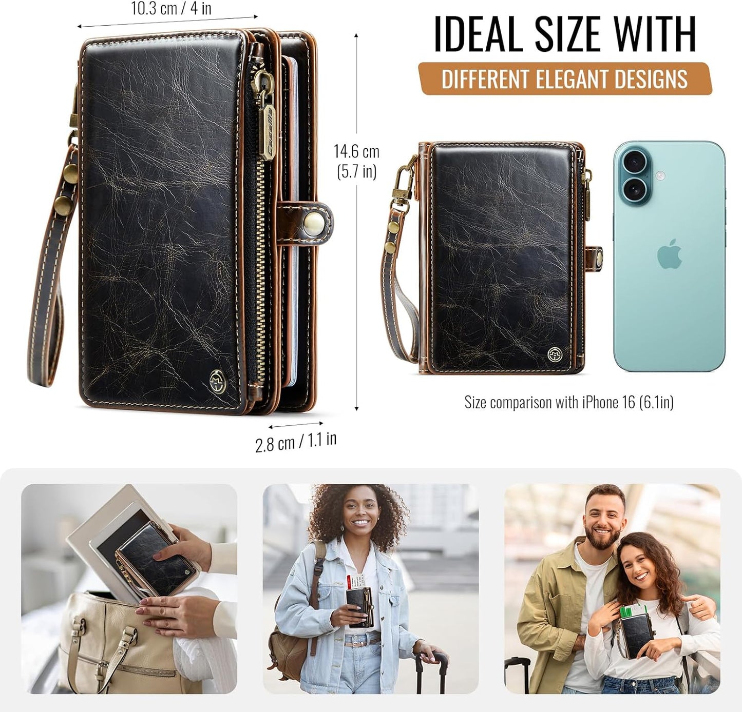 Passport Holder Wallet, 12 Card Slots RFID Blocking Travel Organizer, Zippered Coin Pocket & Detachable Wrist Strap Secure AMagnetic Closure Passport Case for Men & Women (Brown)