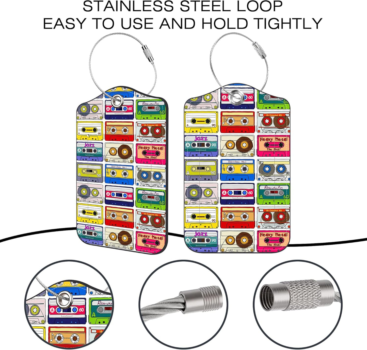 2 Pack Luggage Tags,Retro Cassettes PU Leather Idea Baggage Tag with ID Labels Privacy Cover Metal Ring Men and Women Travel Bag Labels