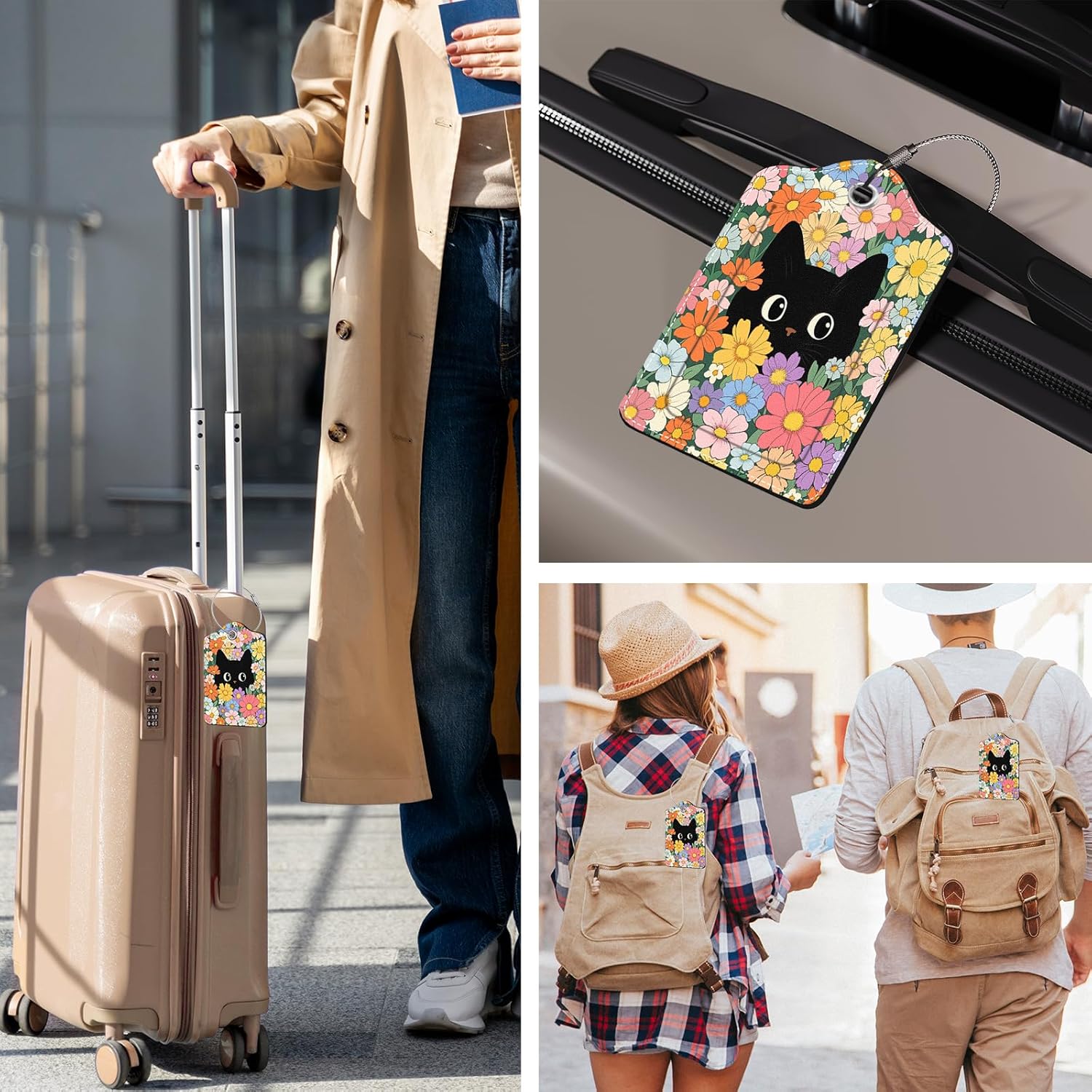2 Pcs Colorful Cat Luggage Tags for Suitcase, Leather Luggage Tags Cute, Privacy Cover ID Label