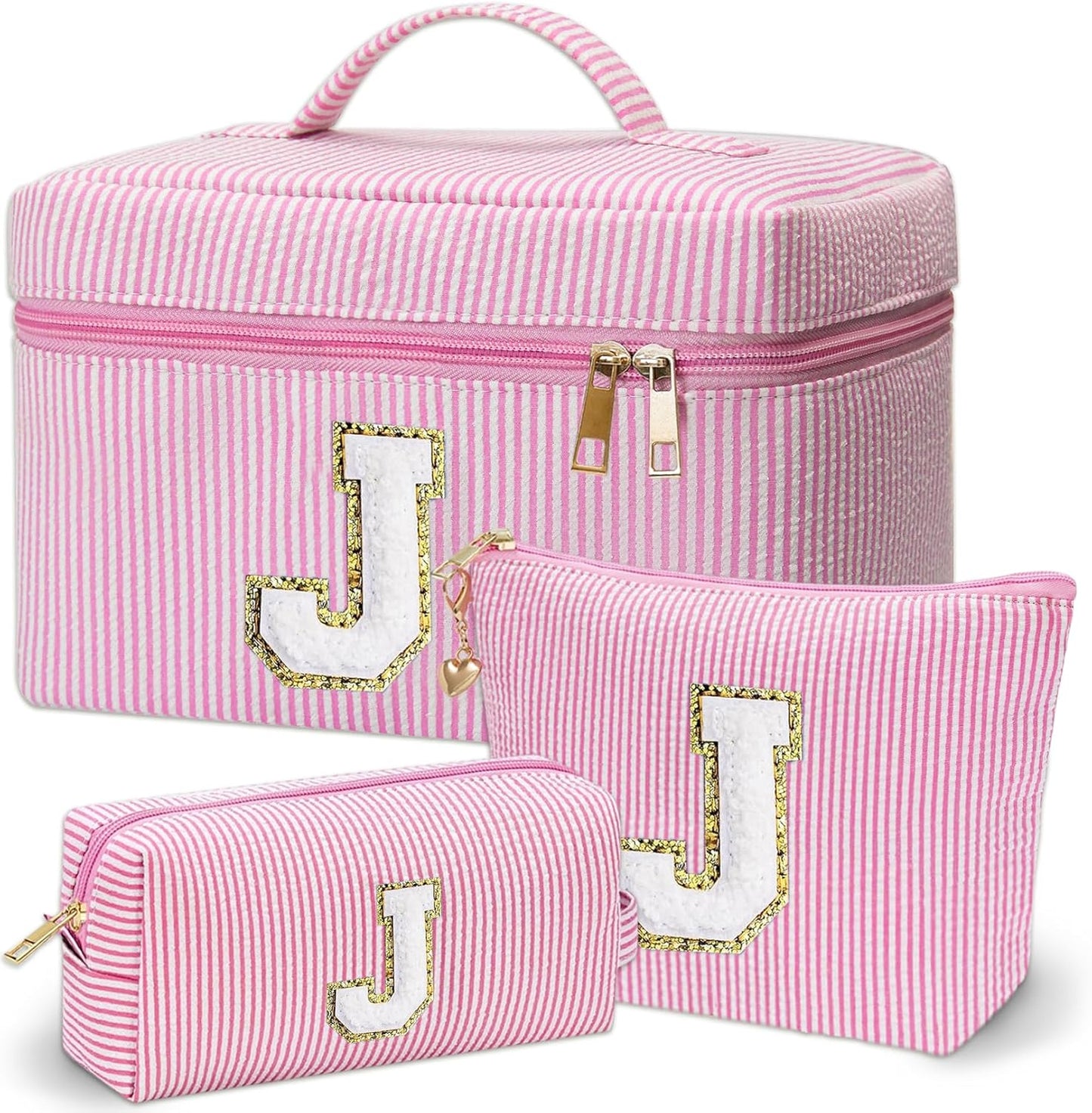 Personalized Monogram Makeup Bag, 3PCS Custom Monogrammed Toiletry Cosmetic Bag for 6-18 Teen Girls Women,Birthday Graduation Gifts Initial Pouch Makeup Bags for Women Girls, Make Up Bag (J, Pink)