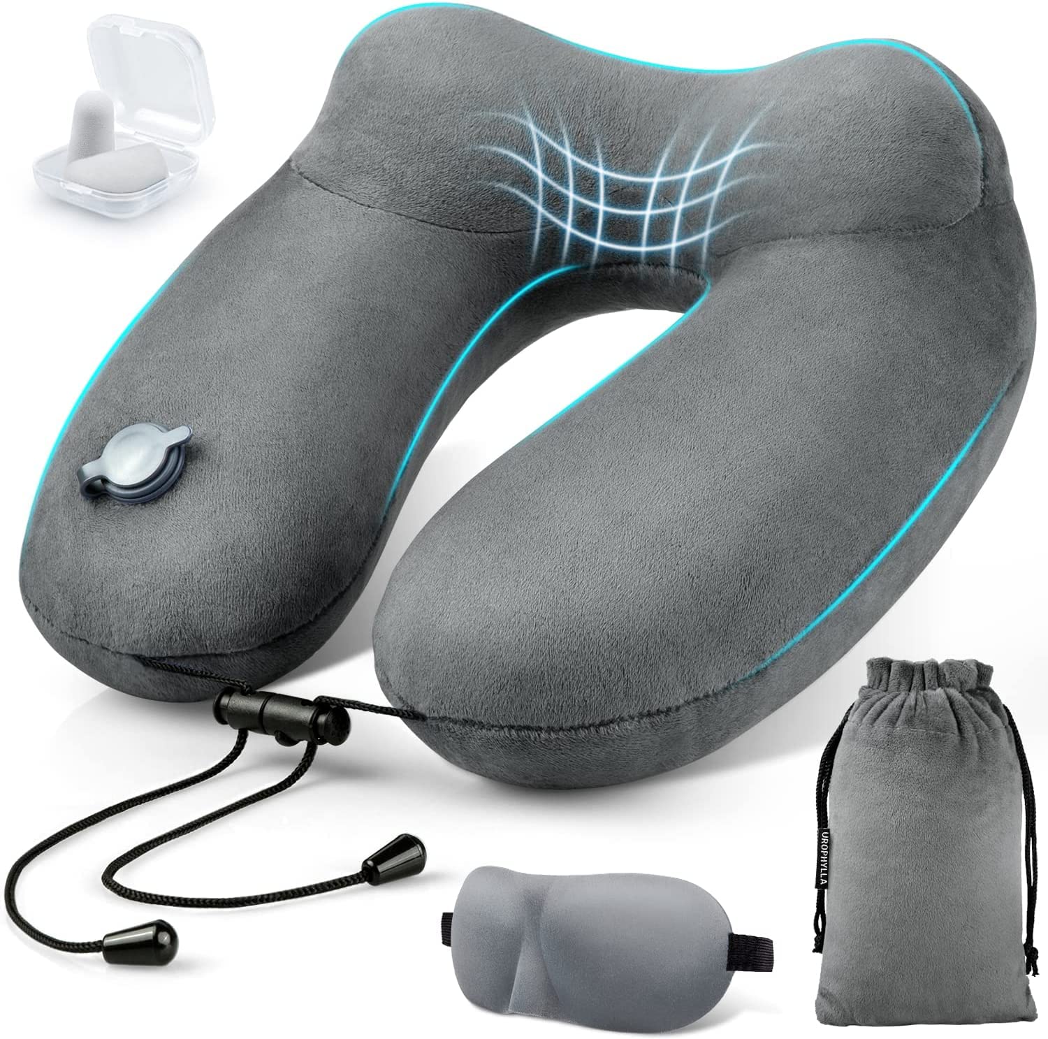 urophylla Inflatable Travel Neck Pillow for Airplanes, Super Soft Velvet Neck Support, Adjustable