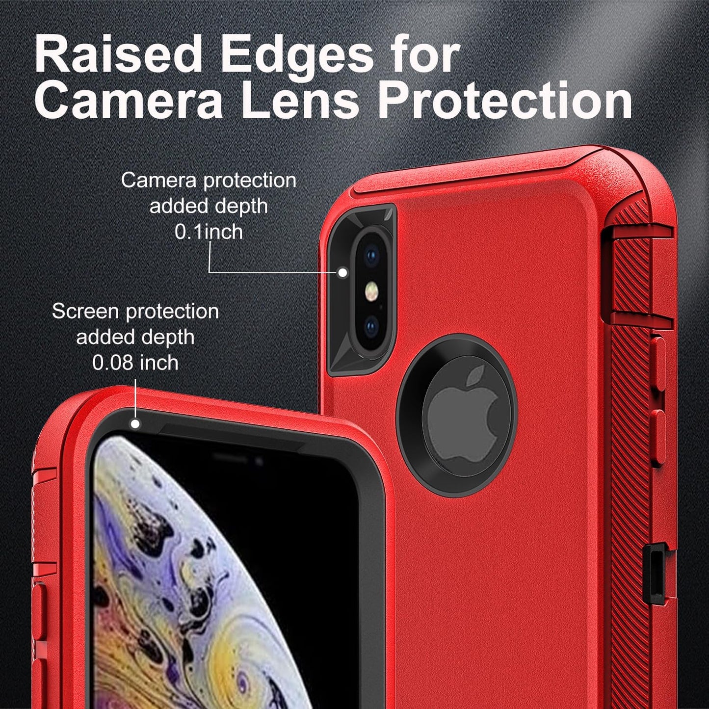 for iPhone Xs Max Case, Military Grade 3 in 1 Heavy Duty Shockproof/Drop Proof/Dust Proof Case with 2Pcs Tempered Glass Screen Protector (Red/Black)