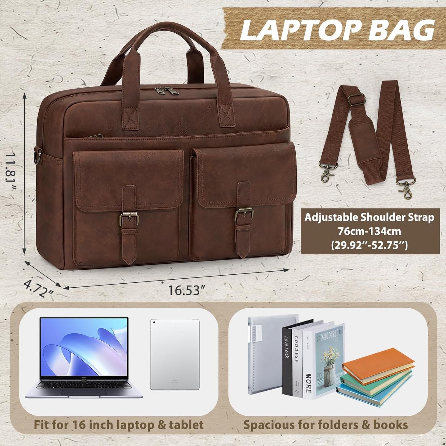 RAINSMORE Messenger Bag for Men 16 Inch Leather Laptop Bags Work Computer Briefcase Vintage Mens Satchel Shoulder Bag for Work, Office, Business, Travel, Brown