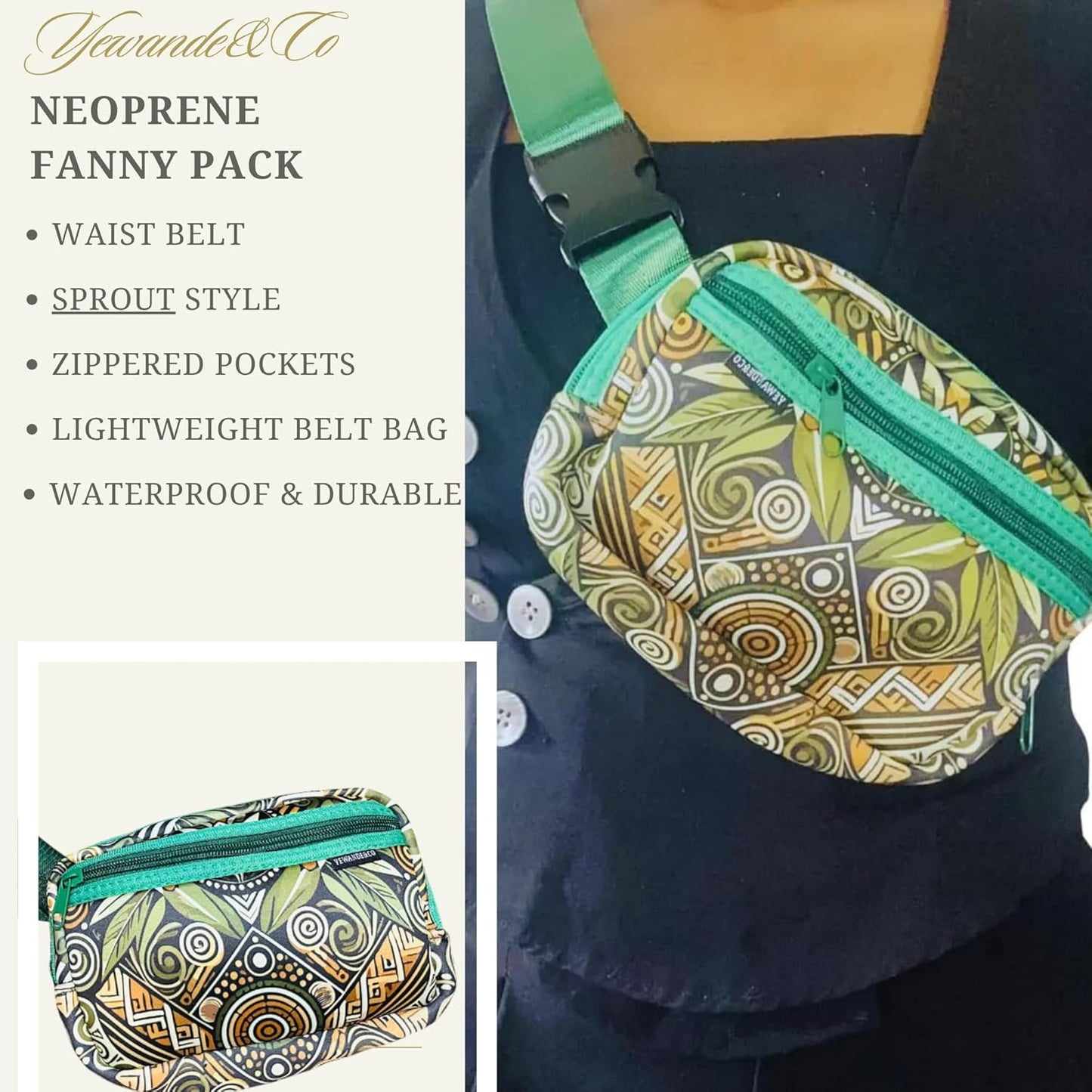 Yewande&co Neoprene Fanny Pack Belt Bag – Lightweight Waterproof Waist Bag with Adjustable Strap, 3 Zippered Pockets, Crossbody Belt Bag for Travel, African Design Crossbody Bags (Sprout)