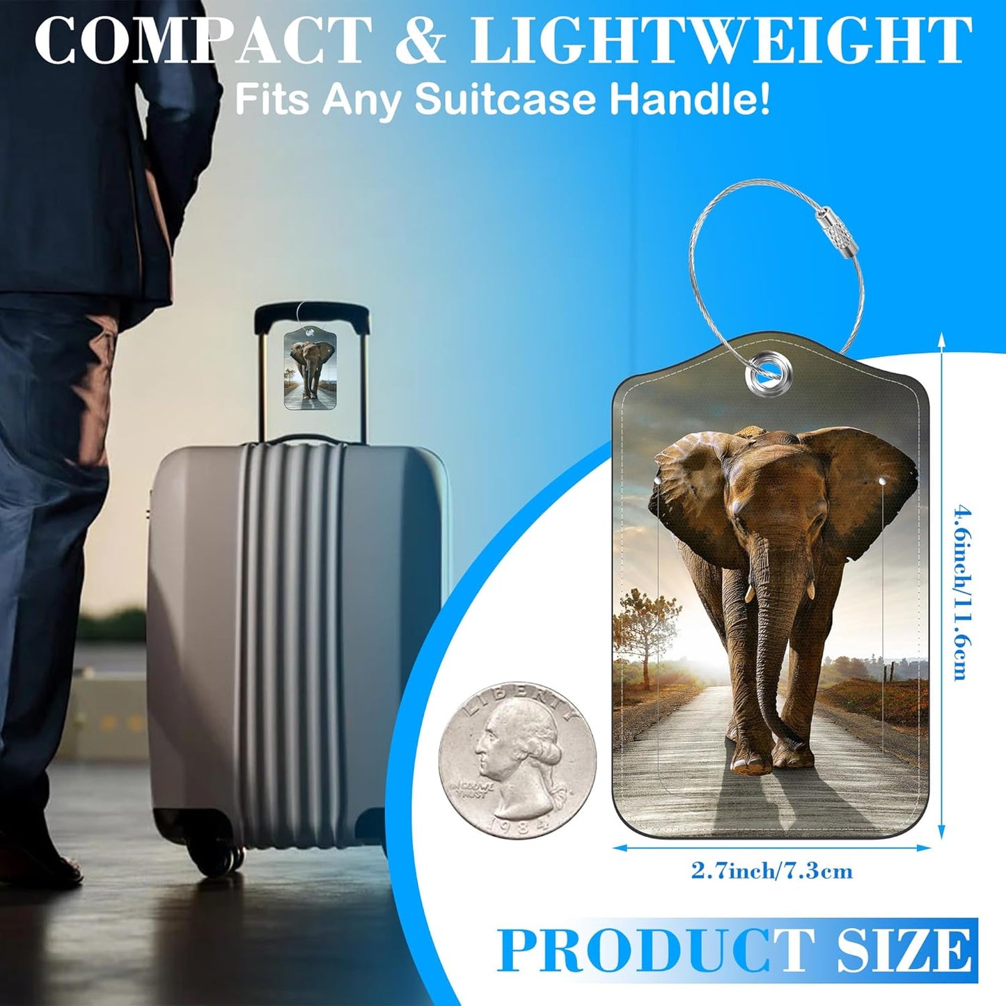 2 Pcs Luggage Tags for Suitcases, Walking Elephant Leather Bag Tags for Luggage Privacy Cover Name ID Label with Stainless Steel Loop Cruise Airport Travel Essentials