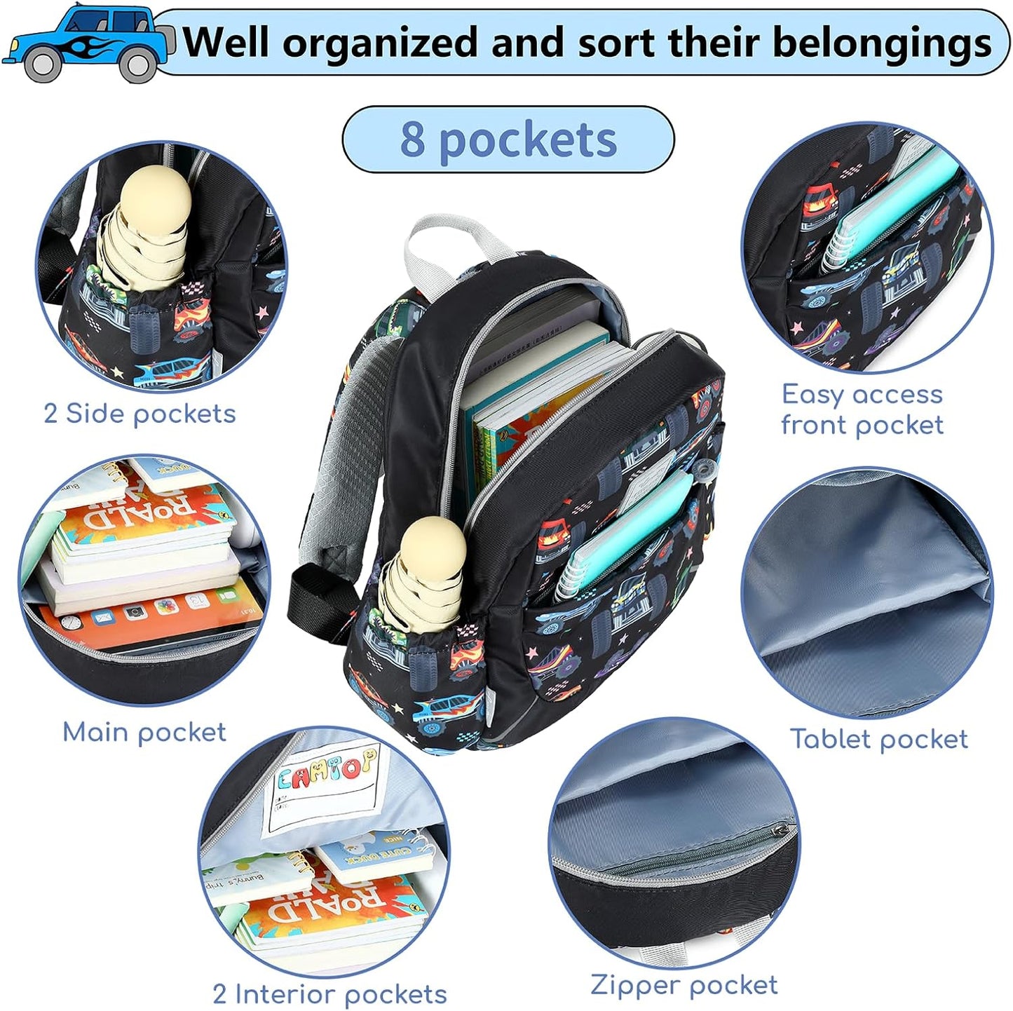 CAMTOP Toddler Backpack for Boys Girls 2-4, Kids Backpacks for Kindergarten Preschool, 12" H Small Bookbag for Daycare Travel (Black)