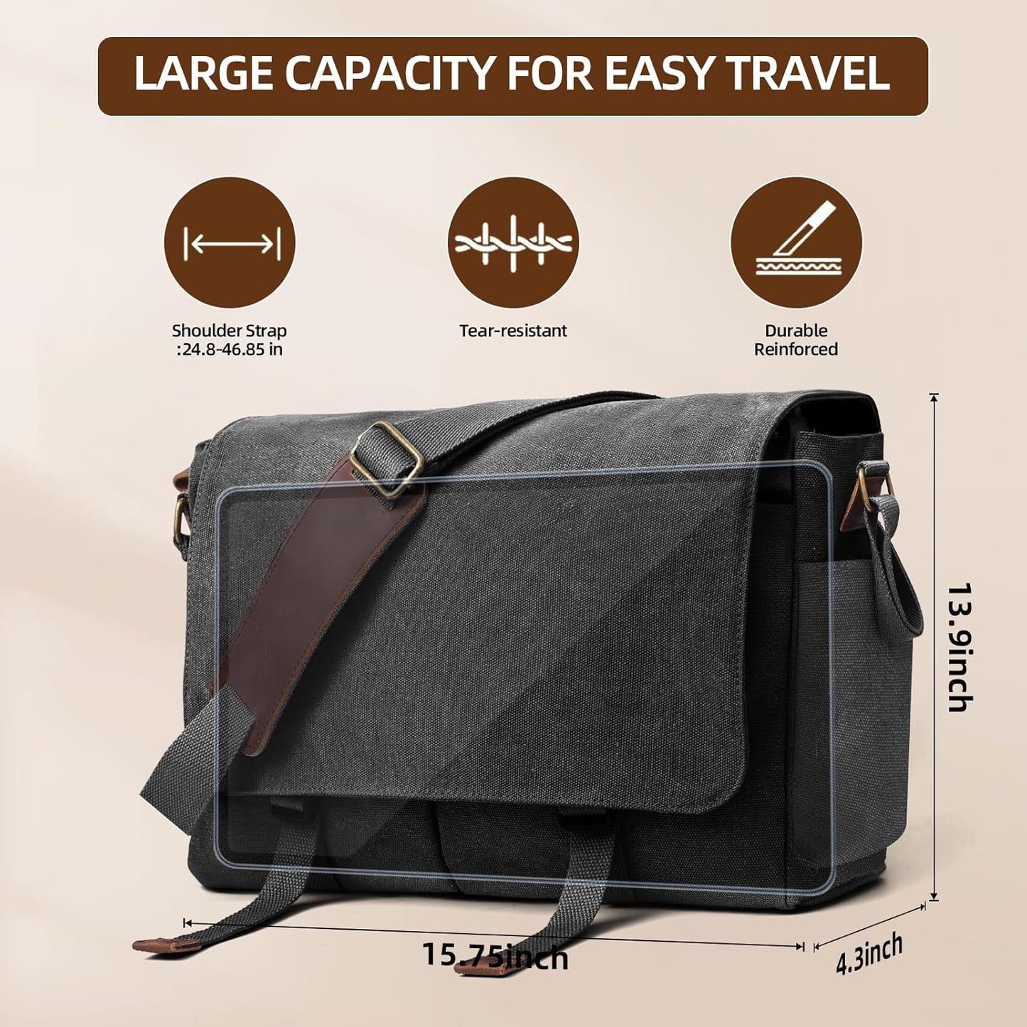 Messenger Bag for men Laptop Bag UnisexRetro Canvas Bag14-15.6 inches Casual single shoulder bag