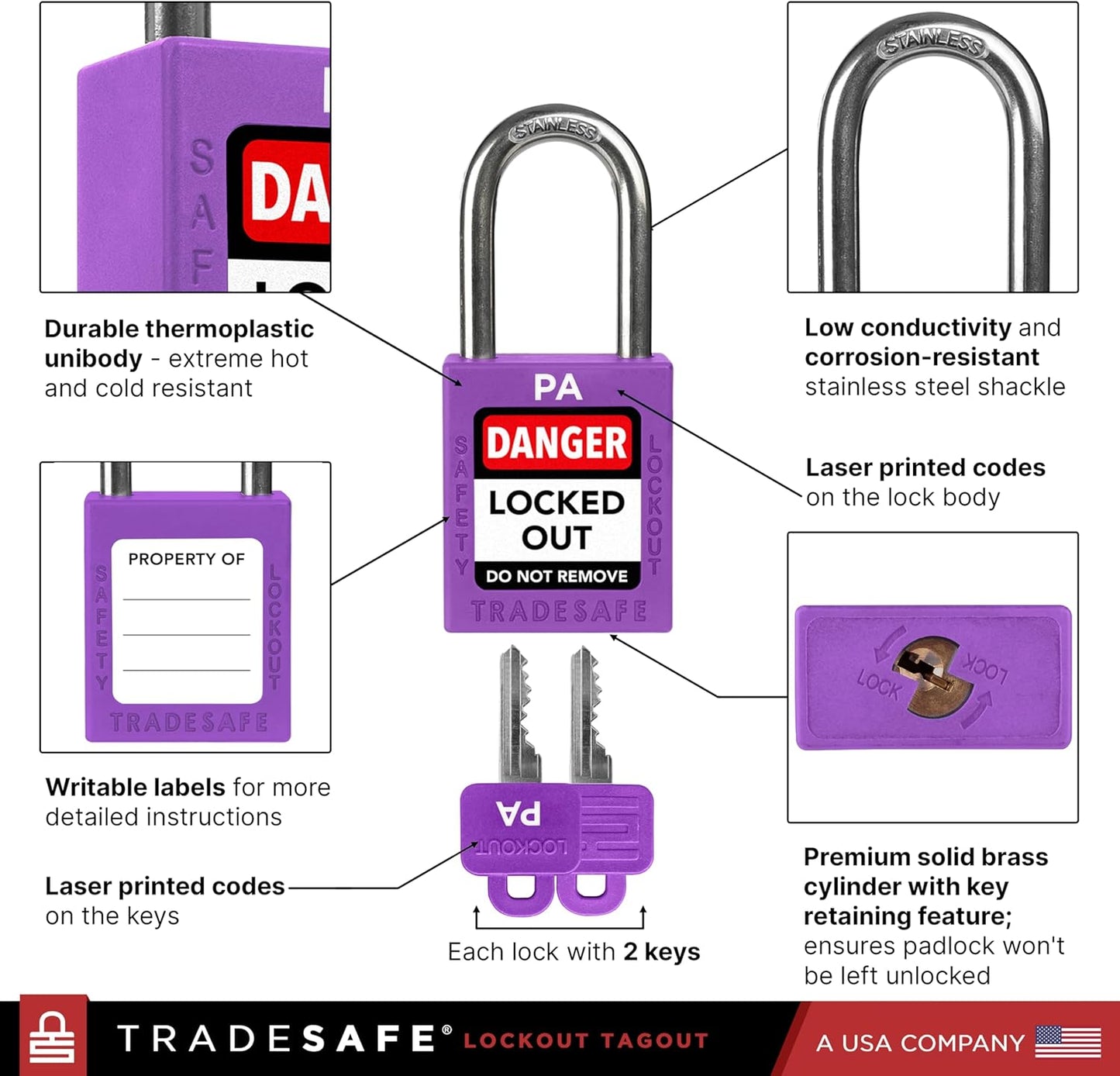 TRADESAFE Lockout Tagout Locks Set, 10 Purple Keyed Alike Unlimited Grouping Safety Padlocks, 2 Keys Per Lock, OSHA Compliant Loto Locks for Lock Out Tag Out Kits