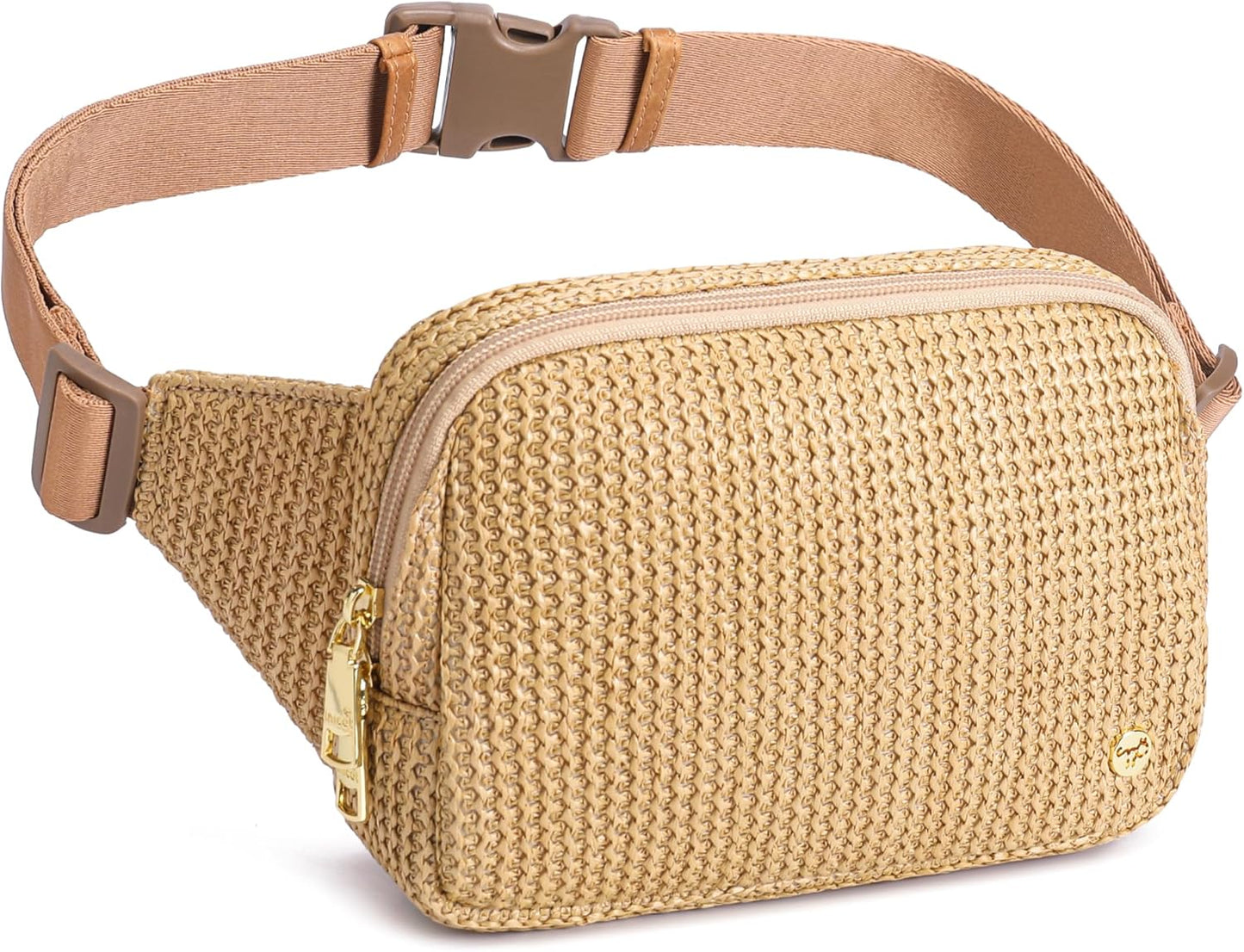 RFID Blocking Straw Summer Purses for Women 2025 Fanny Pack Crossbody Bags Belt Bag with Adjustable Strap(Pure Khaki)