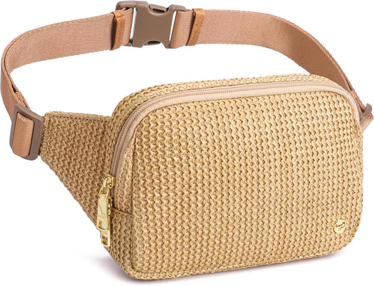 RFID Blocking Straw Summer Purses for Women 2025 Fanny Pack Crossbody Bags Belt Bag with Adjustable Strap(Pure Khaki)