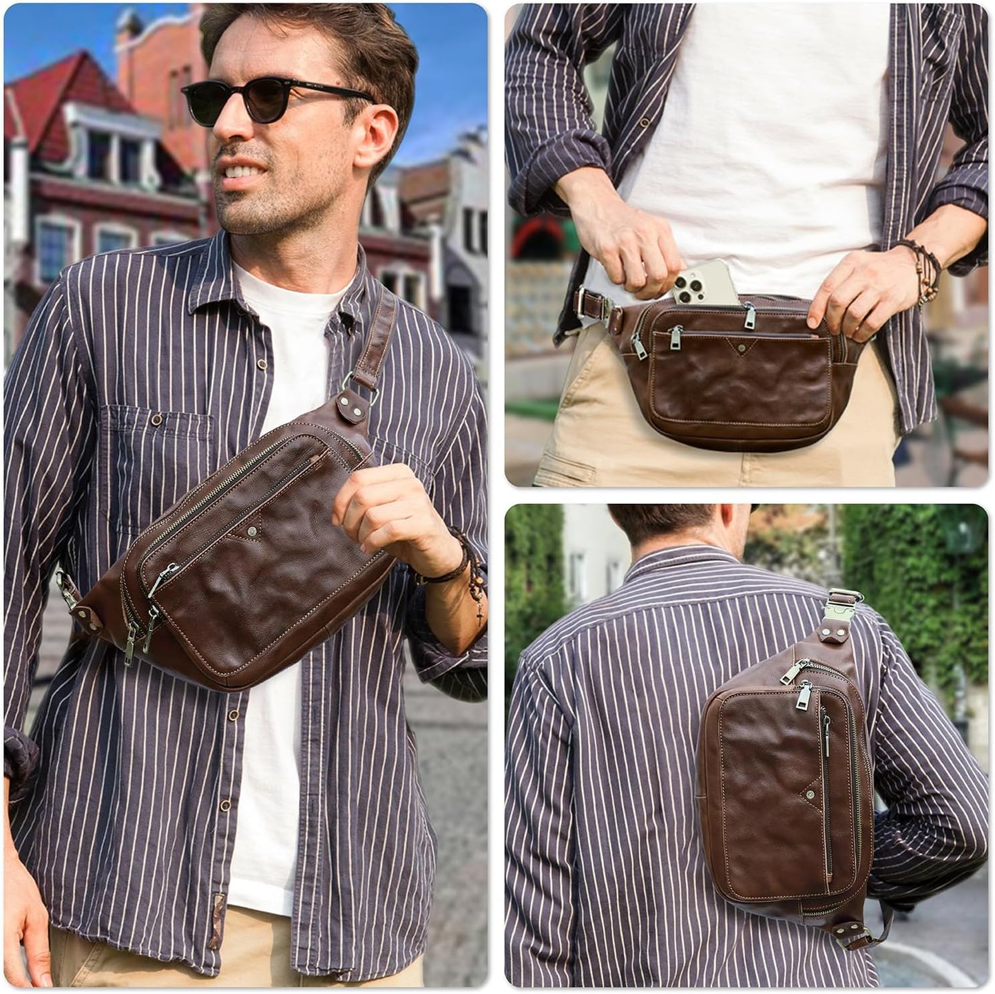 Top Grain Genuine Leather Slim Fanny Pack for Man & Woman, Vintage Design & 5 Pockets & Adjustable Strap, Fully Handmade, Large Capacity Waist Pack Crossbody Belt Bag for Travel or Ride, Red Coffee