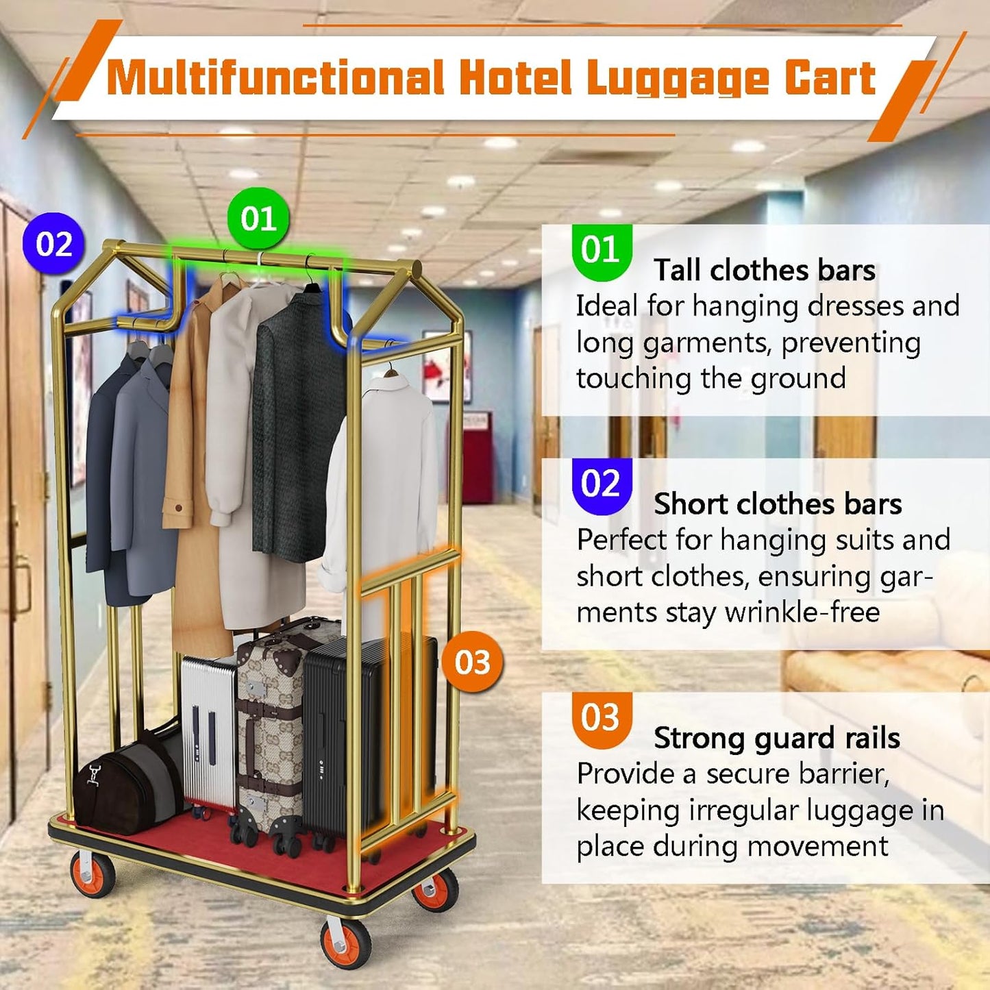 Gold Hotel Luggage Cart,42"x24" Bellman Cart with Baffle Guardrail and 6In Caster Weight Capacity Up to 850LBS Provide Convenience to Guest Gold Finished Hotel Cart Add Elegance to Hotel&Resort