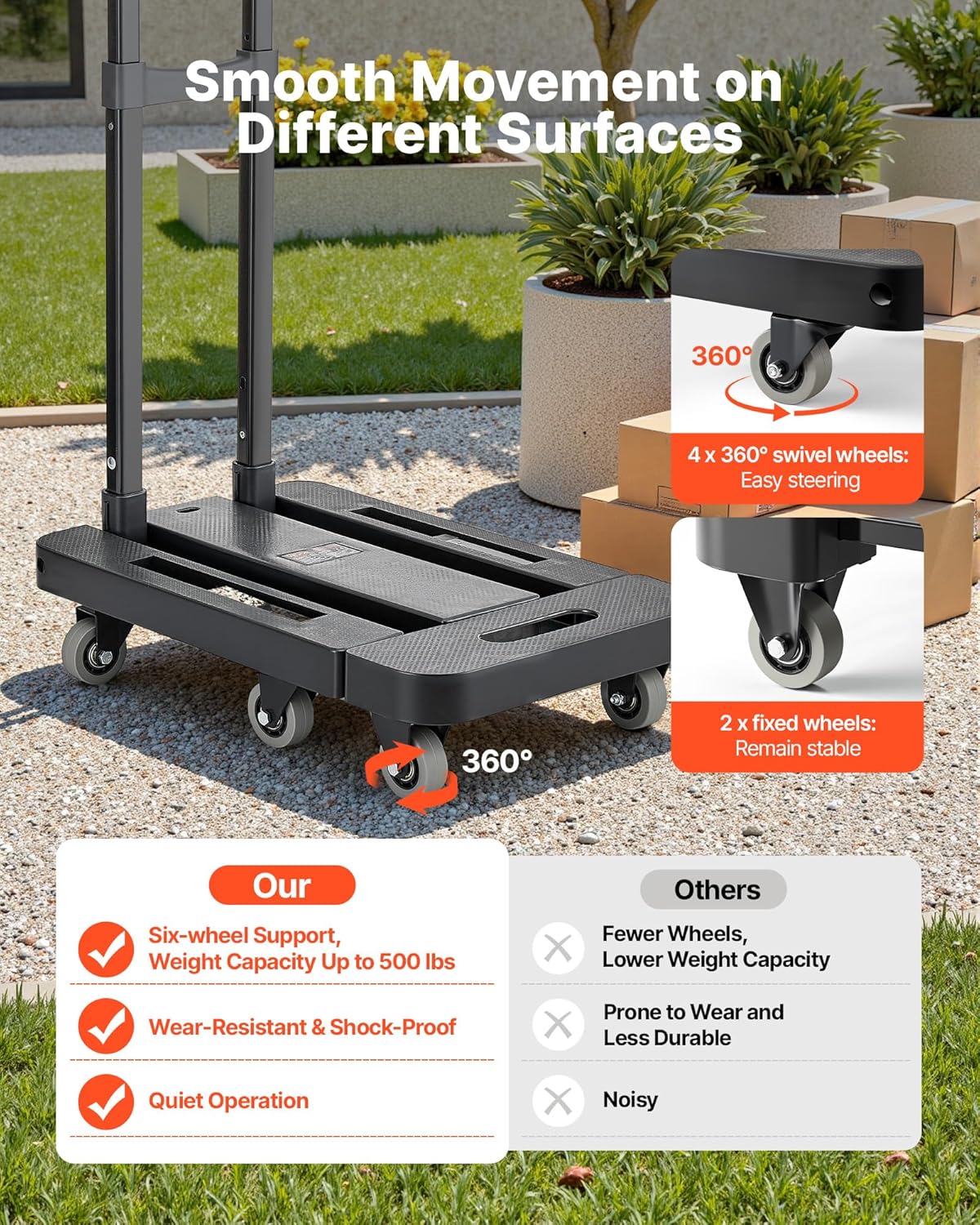 VEVOR Folding Hand Truck, 500 lbs Load Capacity, Collapsible Luggage Cart with 6 Wheels, 2 Elastic Ropes & Expandable Base, Utility Dolly Platform Cart for Airport Travel Luggage Office Moving, Black