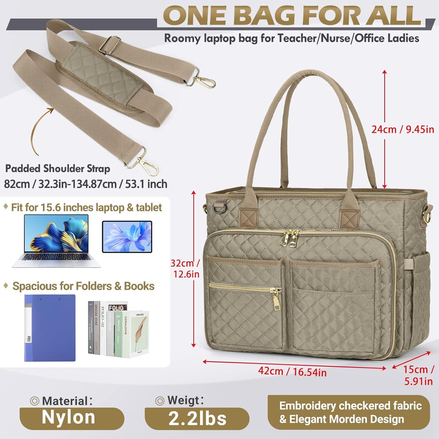 RAINSMORE Teacher Tote Bag 15.6 inch Laptop Bag for Women Work Bags Laptop Tote Nurse Bag Professional Computer Messenger with Insulated Pocket, Laptop Briefcase for Office, College,Camel
